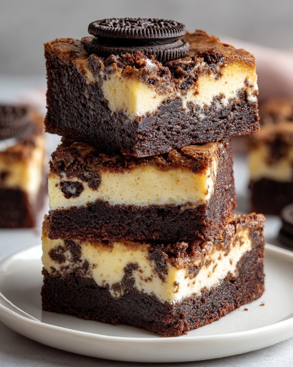 A stack of three layered Oreo brownies is shown on a white plate, placed on a white marbled surface. Each brownie has three main layers: the bottom is a dark, dense chocolate brownie, the middle layer is a creamy white cheesecake with specks of Oreo cookie, and the top layer is a golden-brown cookie crust studded with large Oreo cookie pieces, including a half Oreo cookie on top. The texture of the brownies looks moist and rich, with a slight crumbly edge at the top. Photo taken with an iphone --ar 4:5 --v 7