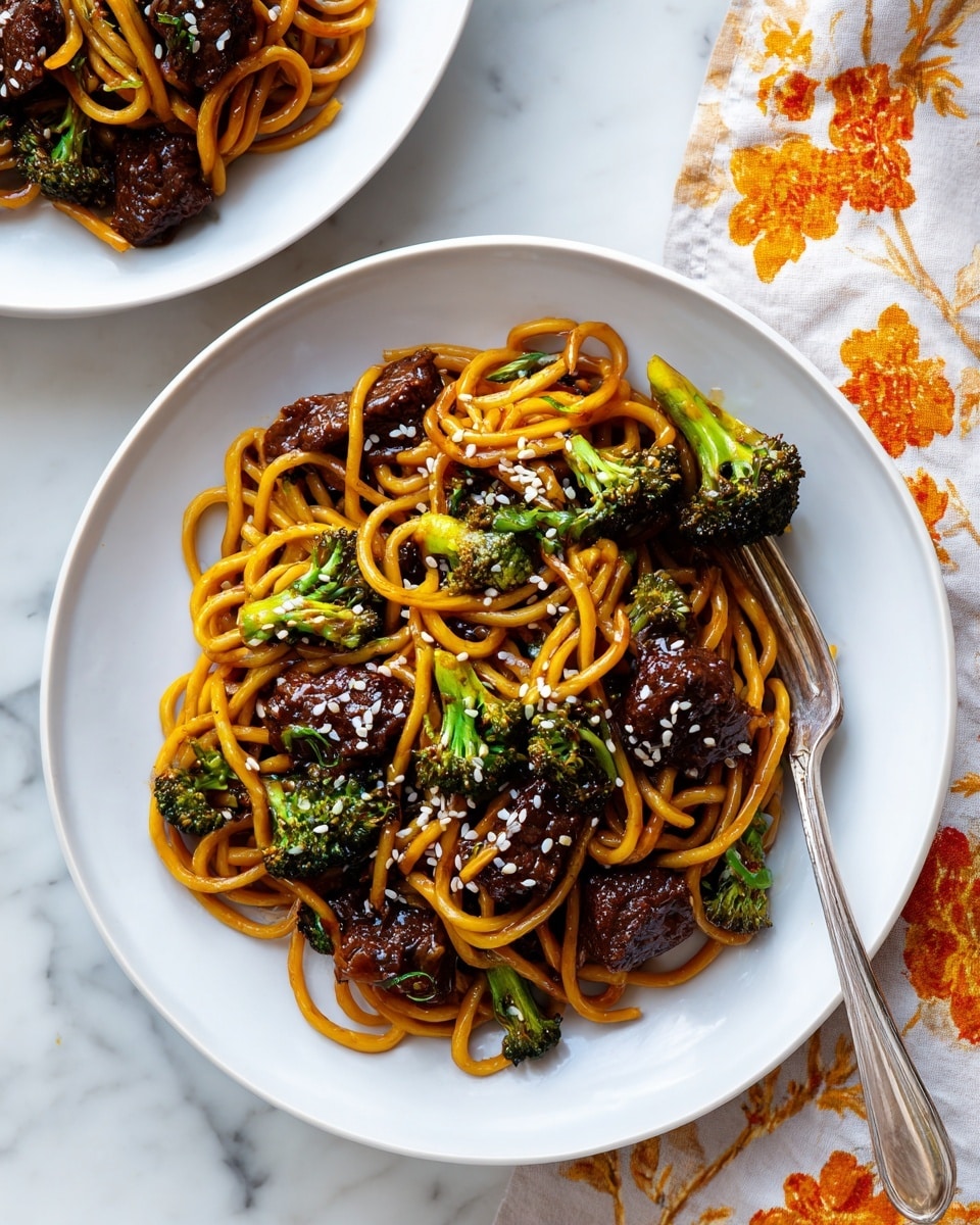 A white plate holds a dish of stir-fried noodles mixed with broccoli florets and pieces of browned beef. The noodles are coated in a glossy, dark soy sauce, giving them a rich brown color that twists and loops across the plate. Bright green broccoli pieces are scattered evenly throughout the noodles, adding texture and color contrast. Chunks of seared beef, some with a slightly charred surface, are nestled among the noodles and vegetables. The dish is topped with white sesame seeds, adding small, scattered white dots on top. A silver fork rests on the right side of the plate, partially twirling a small amount of noodles. The setting is on a white marbled surface with a white cloth featuring orange floral patterns nearby. Photo taken with an iphone --ar 4:5 --v 7