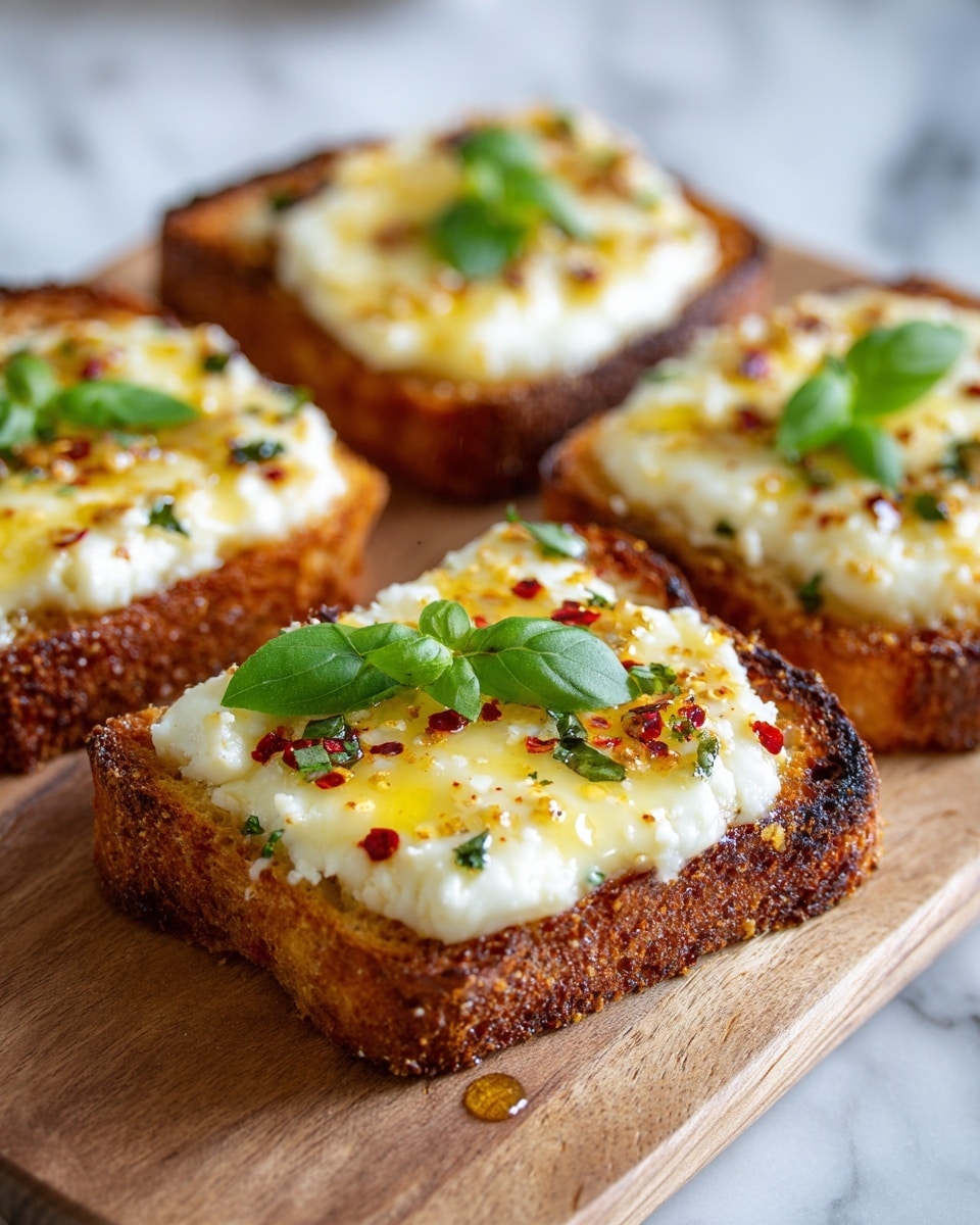 Four thick square slices of toasted bread are shown on a wooden surface with a white marbled texture in the background. Each slice is covered with a generous layer of melted white cheese, slightly browned on top, with a shiny drizzle of golden honey. Small green basil leaves are placed on each slice, adding a fresh color contrast. There are also tiny specks of red pepper flakes and herbs scattered on the cheese, giving a textured and spicy look. The edges of the bread are golden brown and crisp, showing the softness inside. photo taken with an iphone --ar 4:5 --v 7