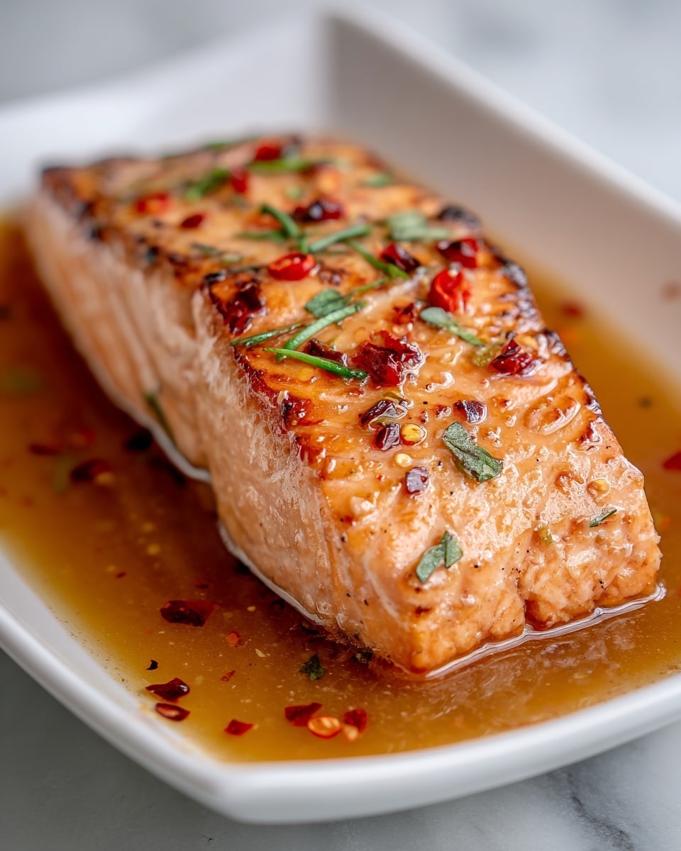 A piece of cooked salmon with a shiny, pink-orange color sits on a white square plate filled with light brown sauce. The salmon has a thick top layer with some black pepper and red flakes sprinkled on it, while the inside layers show soft, moist, and flaky textures in lighter shades of pink and orange. A piece has been cut off, revealing the layered fish fibers clearly. The sauce is smooth and slightly oily, pooling around the fish with some small bits of spices scattered. Photo taken with an iphone --ar 4:5 --v 7