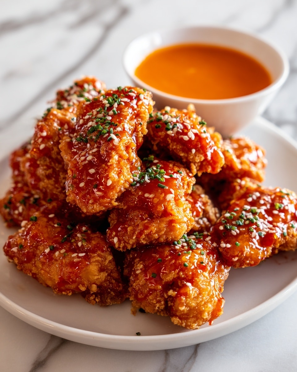 A white plate is filled with several pieces of golden brown crispy fried chicken tenders, each piece coated with a shiny reddish-brown sauce that looks sticky and sweet, garnished with small green chive pieces and white sesame seeds scattered on top. Behind the tenders, there is a white bowl filled with a smooth, thick orange dipping sauce. The plate is placed on a white marbled surface. photo taken with an iphone --ar 4:5 --v 7