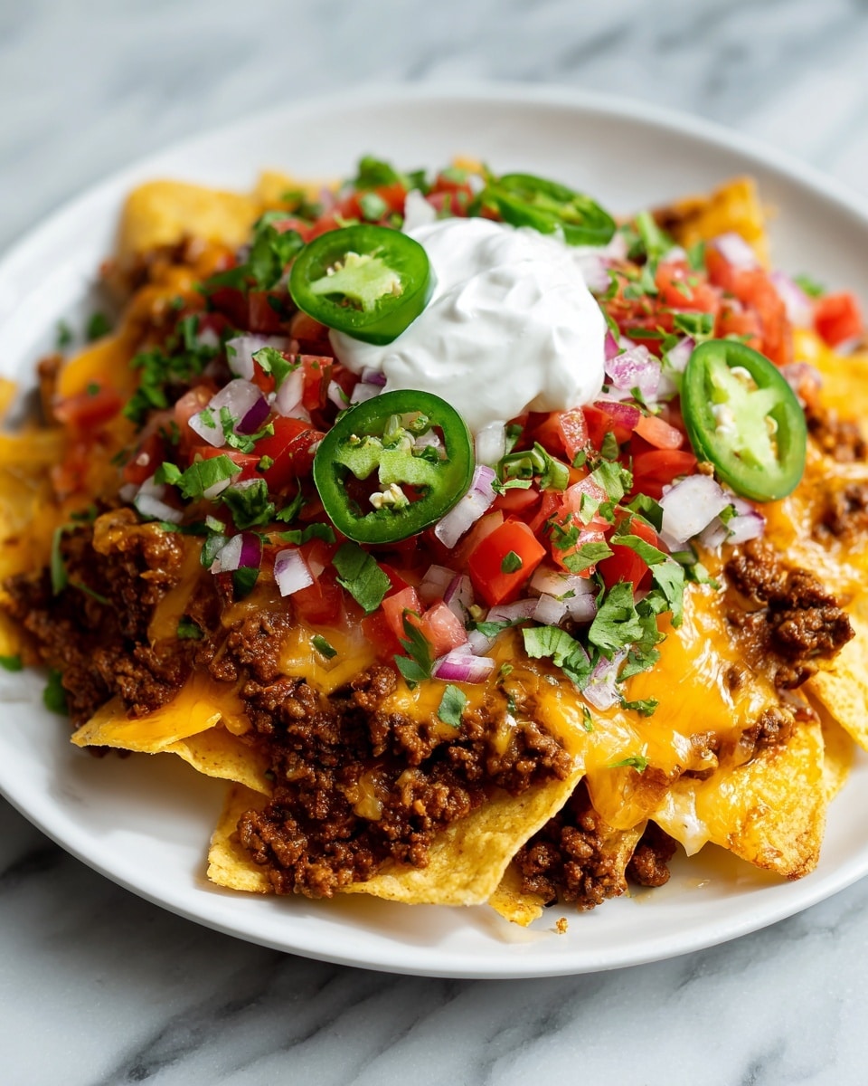 A white plate holds a layer of light yellow tortilla chips with a rough texture. On top is a thick layer of browned, crumbly ground beef mixed with melted orange cheddar cheese that drips slightly over the chips. Above this is a fresh layer of small diced red tomatoes and white onion pieces mixed with chopped green herbs. The nachos are crowned with green sliced jalapeños and a dollop of smooth, white sour cream with finely chopped green herbs sprinkled over. The setting is on a white marbled surface. Photo taken with an iphone --ar 4:5 --v 7
