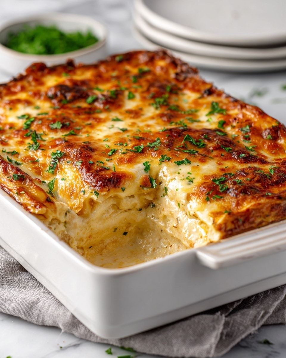 A white rectangular baking dish filled with a golden-brown baked dish topped with melted, bubbly cheese that has crispy, slightly browned edges. Bright green parsley is sprinkled evenly across the cheesy top, adding a fresh pop of color. The dish rests on a soft blue cloth against a white marbled texture background, and a woman's hand is visible supporting the dish from below. The melted cheese layer is thick and creamy, with a rich, textured surface showing slightly browned spots from baking. Photo taken with an iphone --ar 4:5 --v 7