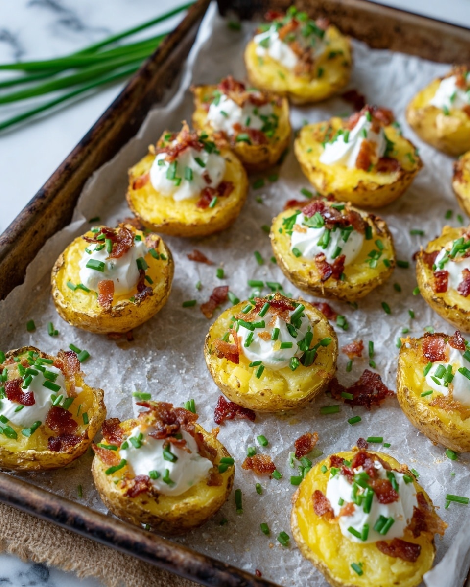 The image shows a tray covered with white parchment paper holding eleven small, round potato halves standing upright. Each potato half has a rough brown skin exterior, filled with smooth, golden-yellow mashed potato. On top of the mashed potato, there is a dollop of white sour cream, a few small, crispy pieces of reddish-brown bacon, and diced green onions sprinkled over. Additional green onion pieces are scattered on the paper around the potatoes, creating a fresh and colorful contrast. The tray has a rustic look and is set on a white marbled surface. photo taken with an iphone --ar 4:5 --v 7