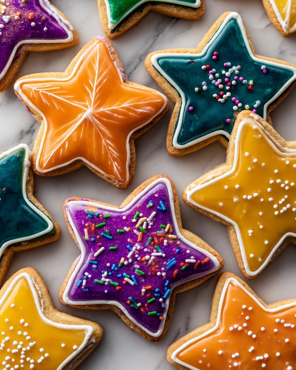 The image shows several star-shaped sugar cookies laid out on a white marbled surface. Each cookie has a golden brown base with a smooth, glossy icing layer inside: purple with colorful sprinkles on one, orange with white lines forming a star pattern on another, green outlined with white icing, dark teal, and yellow-orange cookies also outlined with white icing. The cookies have thick white icing borders that frame the colored centers, and some have additional white icing details or sprinkled decoration, making each one visually distinct. Photo taken with an iphone --ar 4:5 --v 7