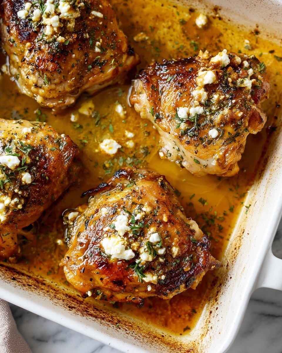 A close-up view of four golden-brown chicken thighs with a slightly crispy skin, glistening in a light honey sauce that pools around them in a metal baking tray. Each chicken piece is topped with small white crumbles of feta cheese and scattered with fresh green parsley leaves, adding color contrast. The chicken has a lightly charred texture, with visible black pepper and seasoning specks. The background shows a soft-focused white marbled texture and blurred shapes of condiments. photo taken with an iphone --ar 4:5 --v 7