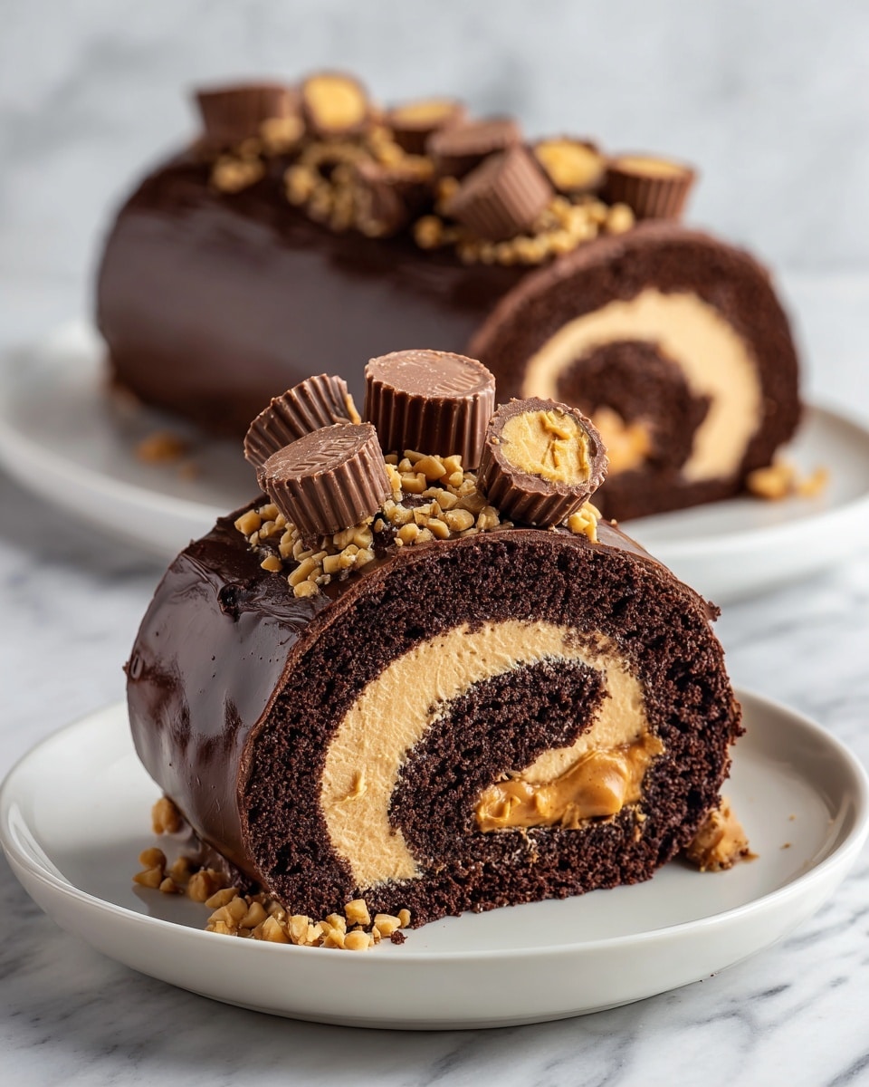 A white rectangular plate holds a chocolate roll cake with smooth dark chocolate ganache covering the outside, creating a shiny layer. The cake has a spiral pattern inside with alternating dark brown chocolate cake and creamy peanut butter filling, showing two main swirled layers. The top is decorated with halved peanut butter cup candies and small peanut pieces scattered evenly on the ganache, adding texture and color contrast. The dessert is set on a white marbled surface, and the photo looks bright and clear, capturing the rich glossy texture and detailed toppings closely. photo taken with an iphone --ar 4:5 --v 7