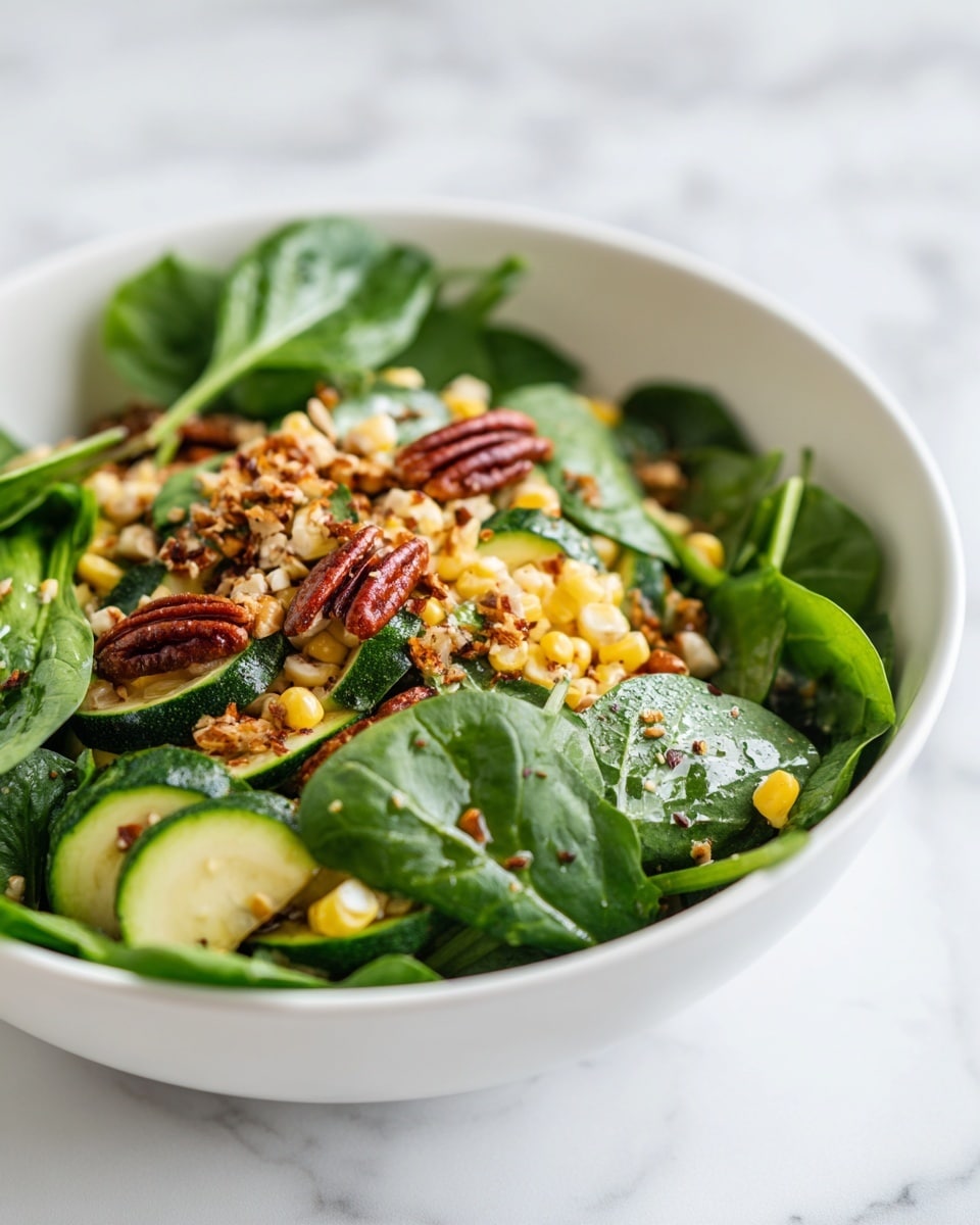 A white bowl filled with a fresh salad showing multiple layers: a base of green leafy spinach, topped with evenly cut round slices of light green zucchini, bright yellow corn kernels scattered across, and whole brown pecan nuts placed on top, all resting on a white marbled surface. The textures include the leafy softness of spinach, the smooth, slightly shiny surface of zucchini, the small, crisp corn kernels, and the rough, ridged pecans. Photo taken with an iphone --ar 4:5 --v 7