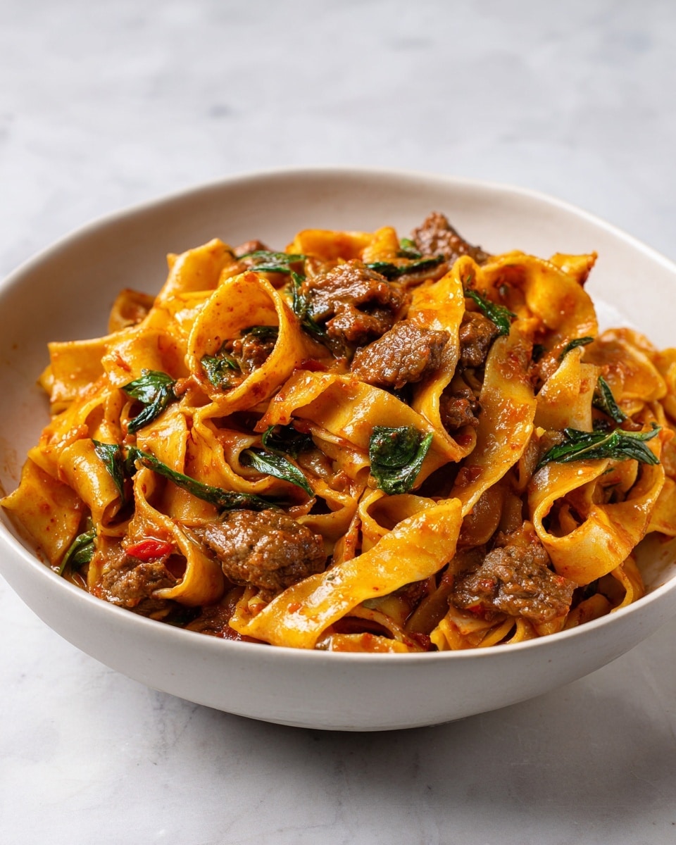 A close-up view of flat, wide noodles cooked in a shiny reddish-brown sauce mixed evenly throughout. The dish has chunks of browned meat scattered on top, with bright red pieces of bell pepper and small dark green leafy herbs interspersed among the noodles. The noodles appear tender and slightly glossy, filling a white bowl with a smooth finish. The background surface is a white marbled texture, creating a clean and bright setting. Photo taken with an iphone --ar 4:5 --v 7