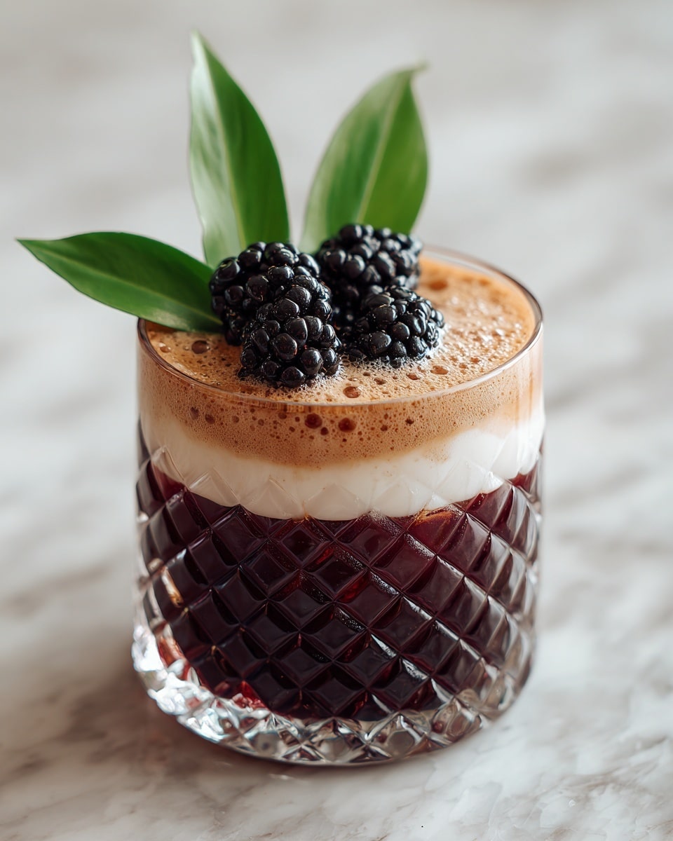A clear glass with a textured diamond pattern holds a drink with three visible layers. The bottom layer is a dark purple, almost black, smooth liquid. Above that is a middle layer of white cream with a soft, thick texture. The top layer is light brown foam, frothy and bubbly, covering the surface. On top of the foam, there are three blackberries clustered together and three green leaves placed upright behind the blackberries. The glass is on a light wooden board, with a blurred white marbled background. Photo taken with an iphone --ar 4:5 --v 7