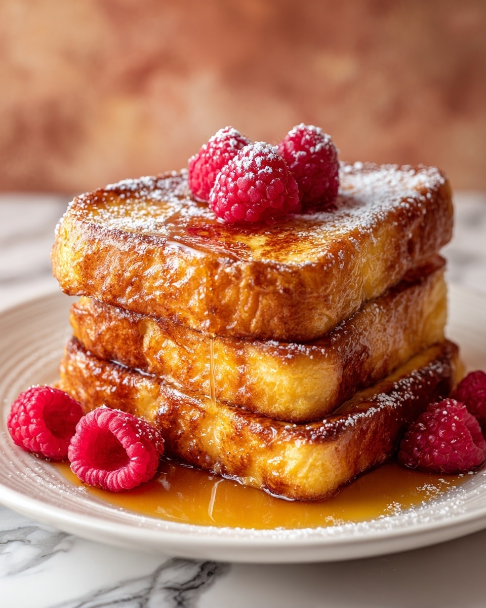 A white plate holds three thick, golden-brown French toast pieces stacked in two layers, with two on the bottom and one on top, showing a slightly crispy texture with browned spots. The toast is drizzled with amber syrup pooling around the base, and a light dusting of white powdered sugar covers the top and parts of the toast. Two bright red raspberries sit on the top piece, with a few more scattered around the plate, all set on a white marbled surface. photo taken with an iphone --ar 4:5 --v 7