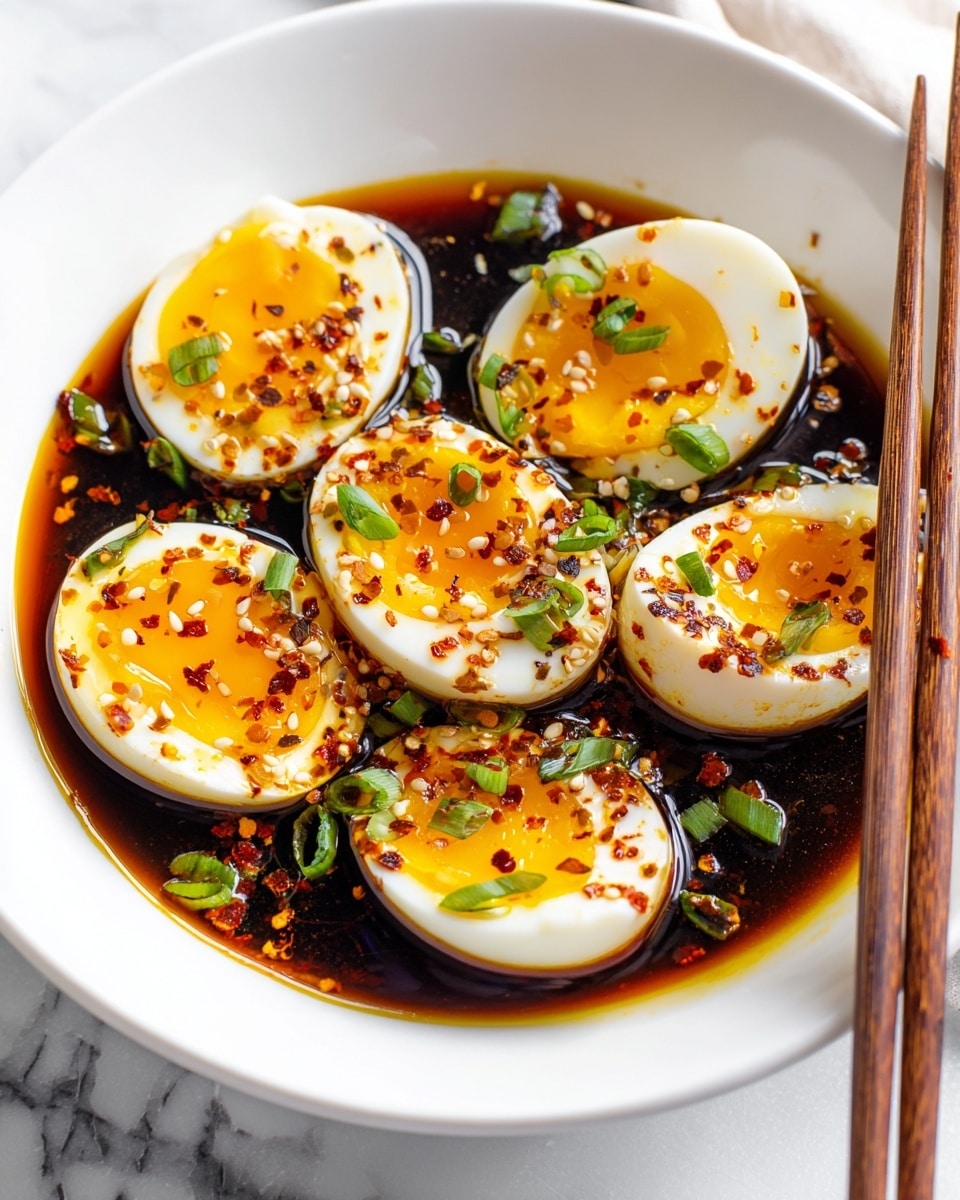 A white bowl holds five halved soft-boiled eggs with bright yellow yolks and smooth white edges, all partially submerged in a dark brown soy-based sauce. Light brown sesame seeds and small red chili flakes are sprinkled over the yolks. Bright green chopped scallions are scattered on top of the eggs and floating in the sauce. The bowl sits on a white marbled surface with wooden chopsticks placed nearby. photo taken with an iphone --ar 4:5 --v 7