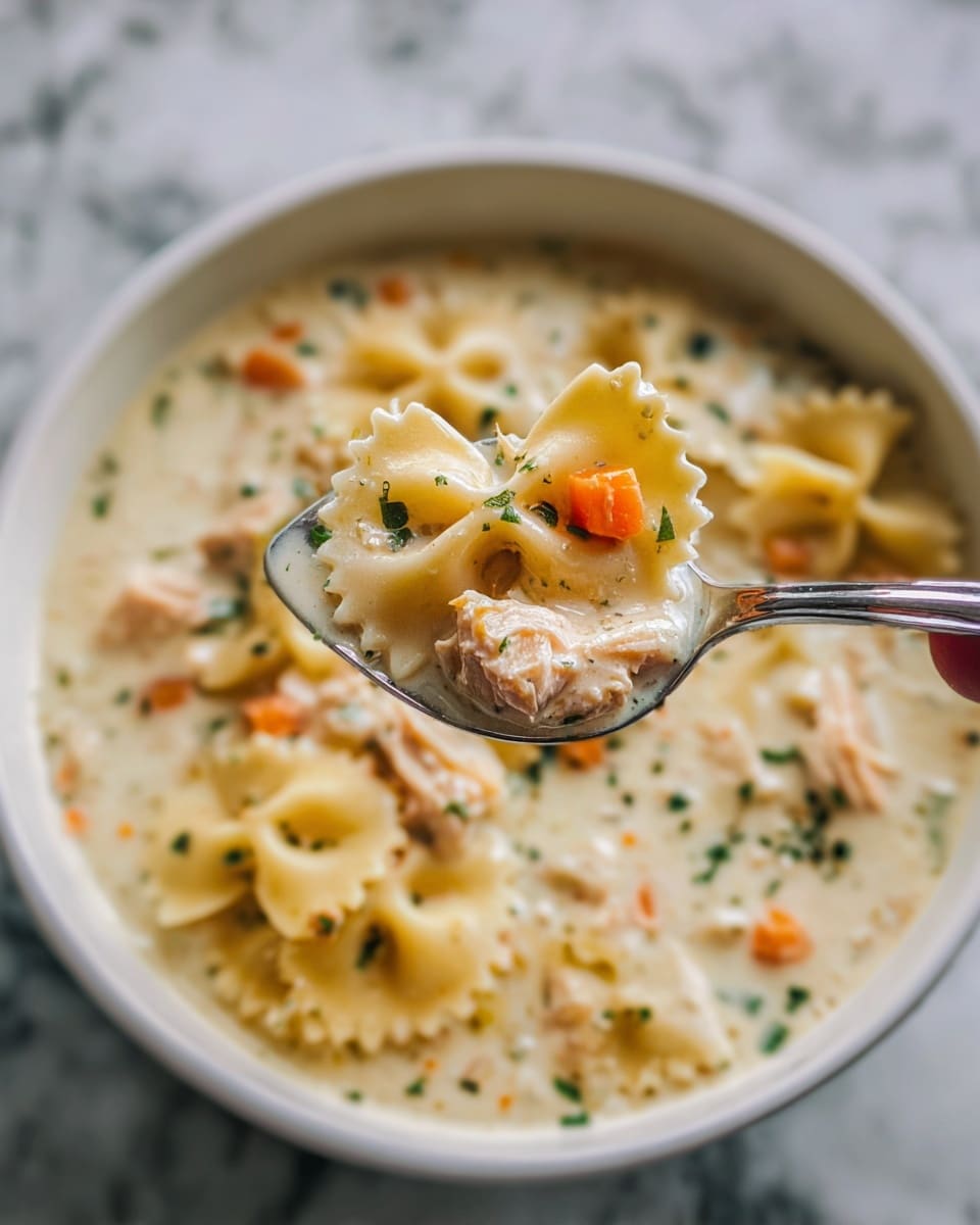 The image shows a close-up of creamy soup in a white bowl on a white marbled surface. The soup has three main layers: large bowtie pasta with a smooth, pale yellow color on top, small chunks of orange carrots scattered throughout, and bits of light brown chicken peeking through the thick, white creamy broth filled with green herbs and black pepper flecks. A silver spoon, held by a woman's hand, lifts a spoonful of the soup, showing all the layers together in rich detail. Photo taken with an iphone --ar 4:5 --v 7