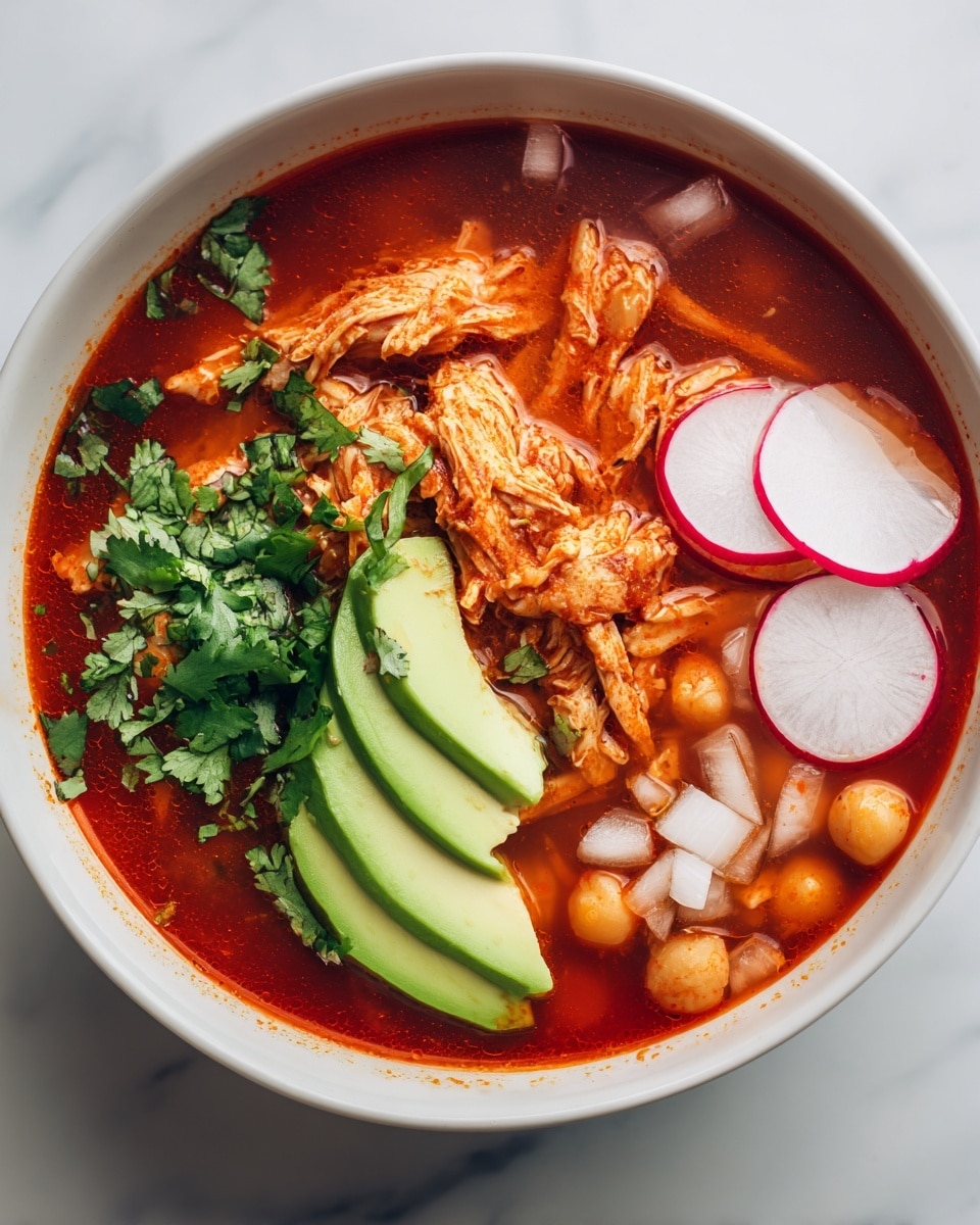 The dish shows a close-up of red broth filled with shredded chicken, small round chickpeas, and white onion pieces scattered on top. In the center, there are three slices of radish stacked, with fresh green cilantro leaves spread around. On the side, two slices of avocado add light green color to the mix. The bowl is white, set on a white marbled surface, with vibrant colors and textures from the soft chicken, crunchy radish, and fresh herbs. Photo taken with an iphone --ar 4:5 --v 7