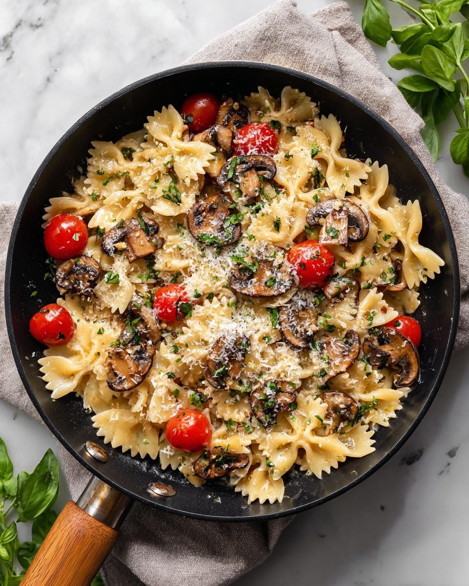 The image shows a black speckled frying pan filled with a cooked pasta dish, mainly bow-tie shaped pasta in a light yellow color. Mixed throughout the pasta are dark brown cooked mushroom slices, bright red cherry tomatoes, and scattered bright green chopped herbs. The dish is topped with a sprinkling of grated pale yellow cheese. The pan is placed on a light-colored cloth on a dark surface, with some fresh basil leaves visible in the background. Photo taken with an iphone --ar 4:5 --v 7