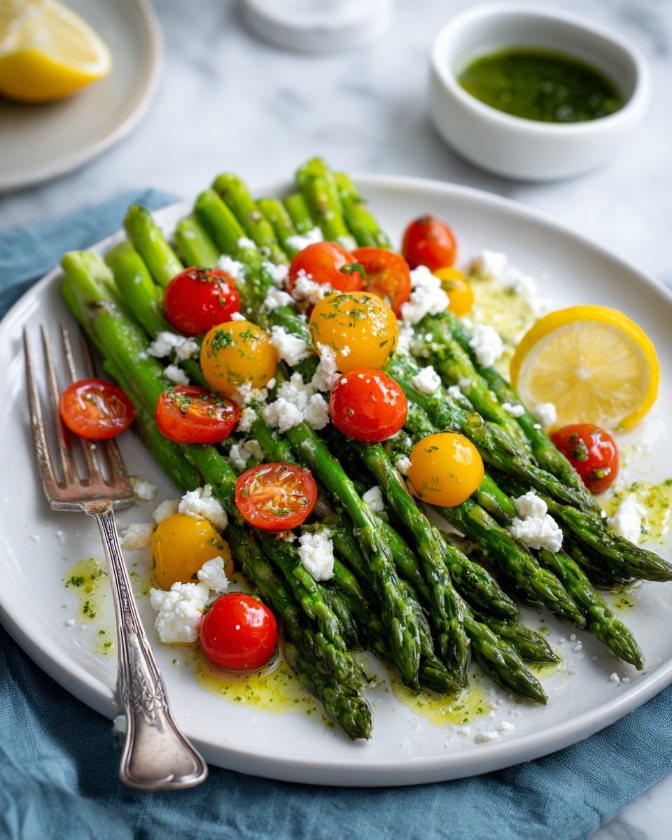 A white plate holds a bright green bundle of cooked asparagus spears neatly stacked in the center. Scattered on top are small cubes and crumbles of white feta cheese with black pepper sprinkled over them. Mixed among the asparagus are whole red and yellow cherry tomatoes, adding pops of color. A lemon wedge rests on the left side of the plate. The plate sits on a blue cloth on top of a white marbled surface, with a silver fork placed on the right side of the plate. A small white bowl with green herb oil is partially visible at the top left. Photo taken with an iphone --ar 4:5 --v 7