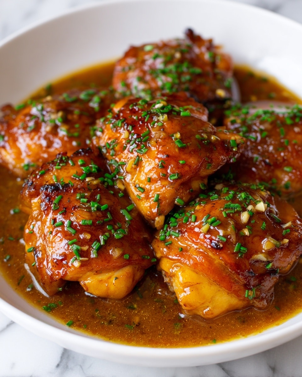 The image shows a close-up of several pieces of cooked chicken thighs covered in a shiny, thick, dark brown sauce. The chicken skin is golden and glazed, with a slightly crispy texture visible under the sauce. Small green herb pieces, likely chopped chives, are sprinkled on top of the chicken and sauce, adding a fresh green color contrast. The chicken pieces sit closely together in a white bowl filled with sauce, which has a rich, glossy, slightly chunky texture from bits of cooked garlic or onion. The bowl rests on a white marbled surface just barely visible at the edges. Photo taken with an iphone --ar 4:5 --v 7