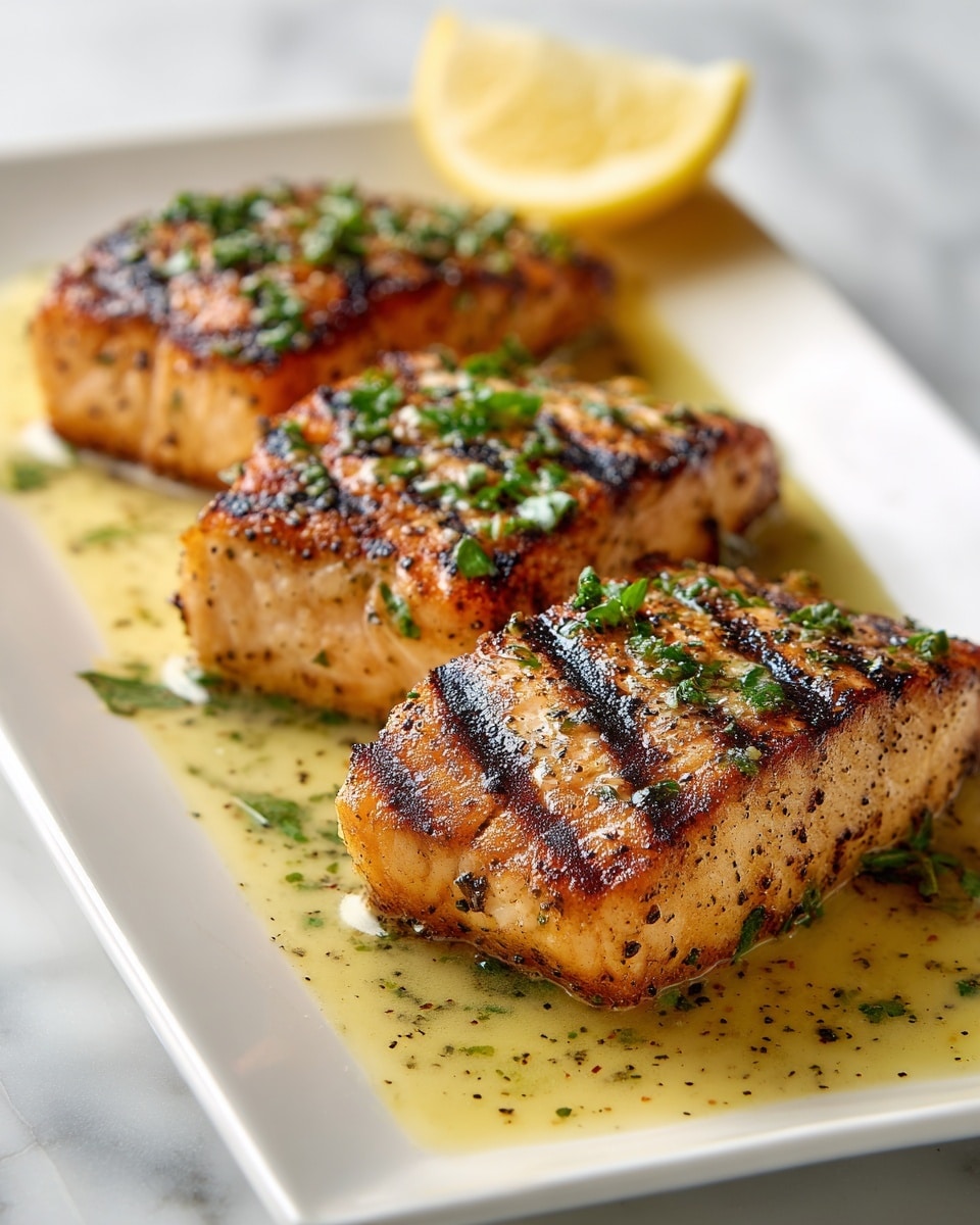 A close-up view of three thick, grilled fish fillets arranged in a row on a white rectangular plate, each fillet showing clear, dark charred grill marks across their light golden-brown textured surface, topped with small pieces of fresh green herbs. The bottom of the fillets rests in a shallow pool of shiny golden sauce with scattered herb bits floating on it. In the background, a wedge of bright yellow lemon with visible segments is placed behind the fillets. The dish is set on a white marbled textured surface. photo taken with an iphone --ar 4:5 --v 7