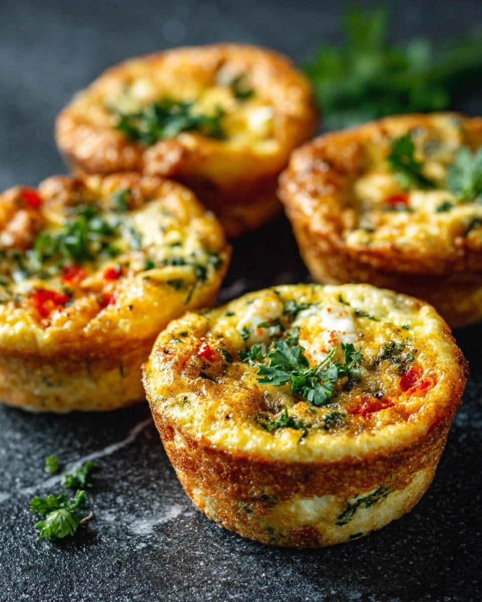 Four egg muffins are shown close up on a dark textured surface. Each muffin has a golden brown outer layer with a slightly crispy edge, filled with bright yellow cooked eggs that look soft and fluffy. Inside, there are small white and green pieces from egg whites and chopped herbs evenly mixed throughout. On top of the muffins, there are red cherry tomato slices and fresh green parsley or cilantro leaves, adding bright colors and texture contrast. The background shows a blurred white marbled texture with hints of green garnish. photo taken with an iphone --ar 4:5 --v 7