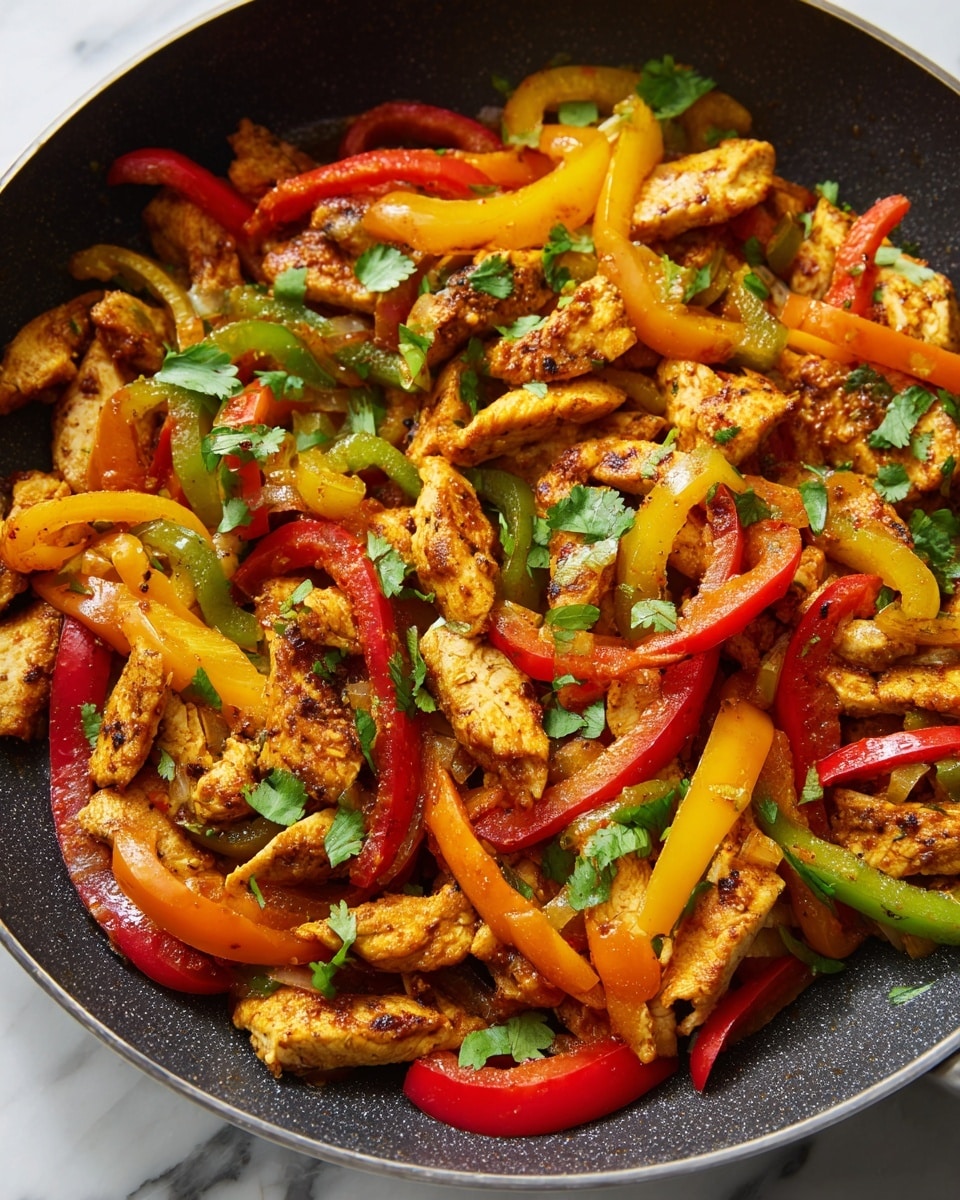 A close-up view of a black skillet filled with cooked chicken strips and colorful bell pepper slices. The dish has three main layers: tender grilled chicken pieces that are light brown with a slightly crispy texture; bright bell pepper slices in red, yellow, and green colors scattered evenly among the chicken; and small, fresh green cilantro leaves sprinkled on top, adding a touch of freshness. The skillet sits on a white marbled surface, with the colors of the food standing out vividly against the dark pan. photo taken with an iphone --ar 4:5 --v 7