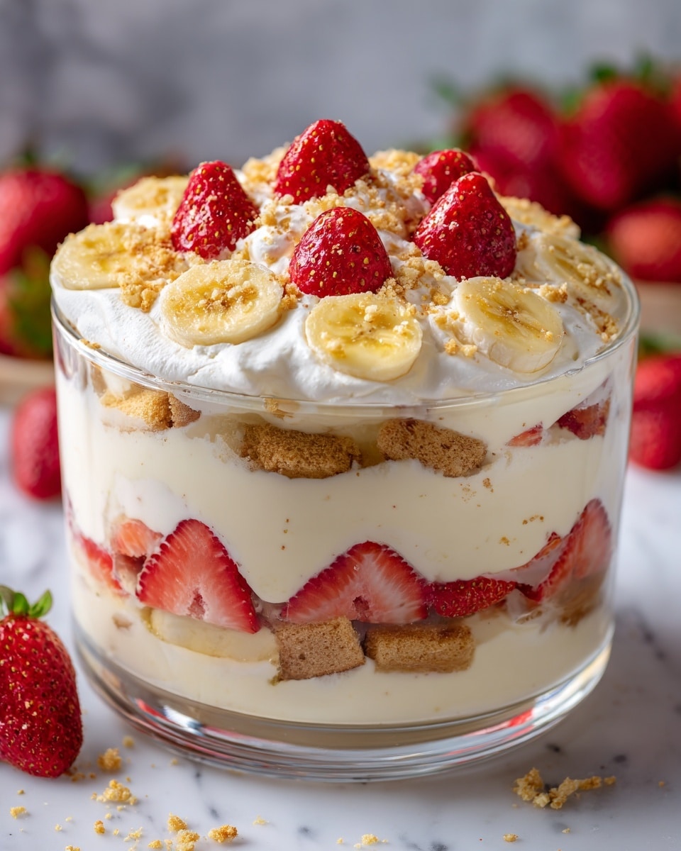 A clear glass trifle bowl filled with a layered dessert. The bottom layer is made of light brown cake pieces, partly soaked and soft, followed by a layer of white creamy filling. Above that is a layer of fresh red strawberry slices pressed against the glass. Next is a layer of banana slices, pale yellow in color. Above the bananas is another creamy white layer, topped with a thick swirl of whipped cream. On top of the whipped cream are whole red strawberries with green tops and light crumbs sprinkled over. The bowl is placed on a white marbled surface. Photo taken with an iphone --ar 4:5 --v 7