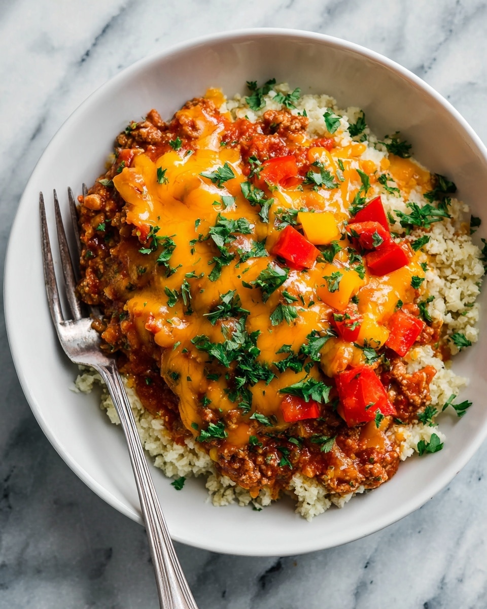 A white bowl filled with a base layer of fluffy white cauliflower rice, topped with a layer of seasoned ground meat mixed with diced red bell peppers. Over the meat, there is a generous layer of melted bright orange cheddar cheese, sprinkled with small bits of chopped red onion and finely chopped green parsley. The texture of the meat is crumbly, and the cheese looks gooey and smooth. Photo taken with an iphone --ar 4:5 --v 7