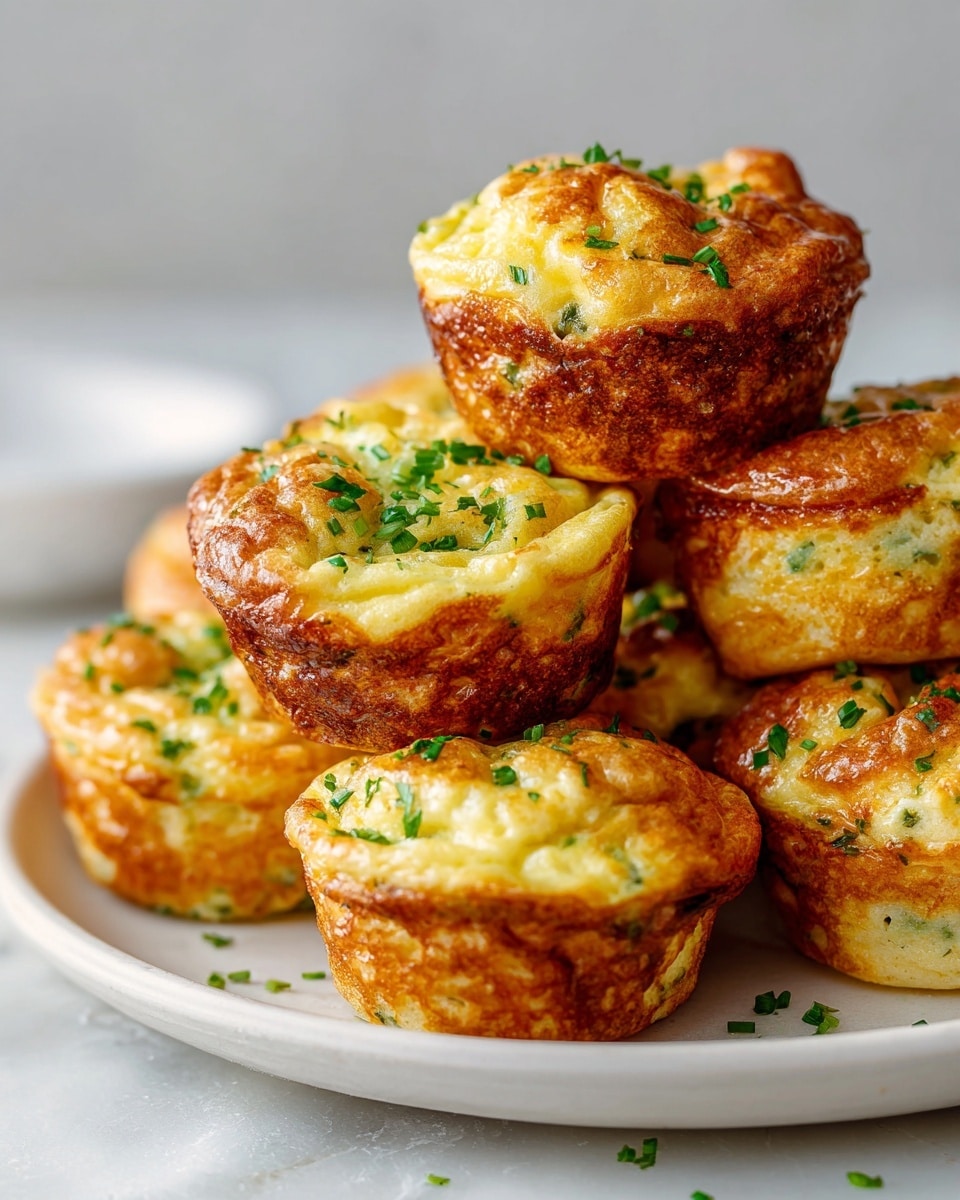 The image shows several golden brown mini egg muffins stacked on a white plate with a white marbled surface underneath. Each muffin has a fluffy, light yellow inside with a slightly crispy, browned top layer. Some green herbs are sprinkled on the tops of the muffins, adding a touch of color contrast. The muffins appear soft and airy, inviting and ready to eat. photo taken with an iphone --ar 4:5 --v 7