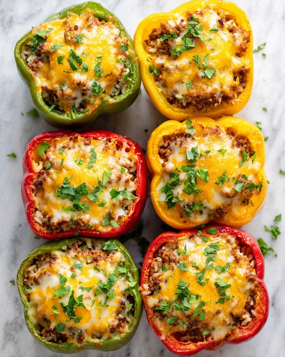 The image shows six stuffed bell peppers arranged closely together on a white marbled surface. Each pepper has been cut open at the top and filled with a mixture of cooked rice and ground meat, topped with melted yellow cheese that has a bubbly and slightly browned texture. The peppers are in three colors: green, yellow, and red, with two peppers of each color present. The filling is garnished with small sprigs of fresh green herbs, scattered evenly over the cheese layer. The peppers appear soft and cooked, standing upright with the open tops facing upward. Photo taken with an iphone --ar 4:5 --v 7