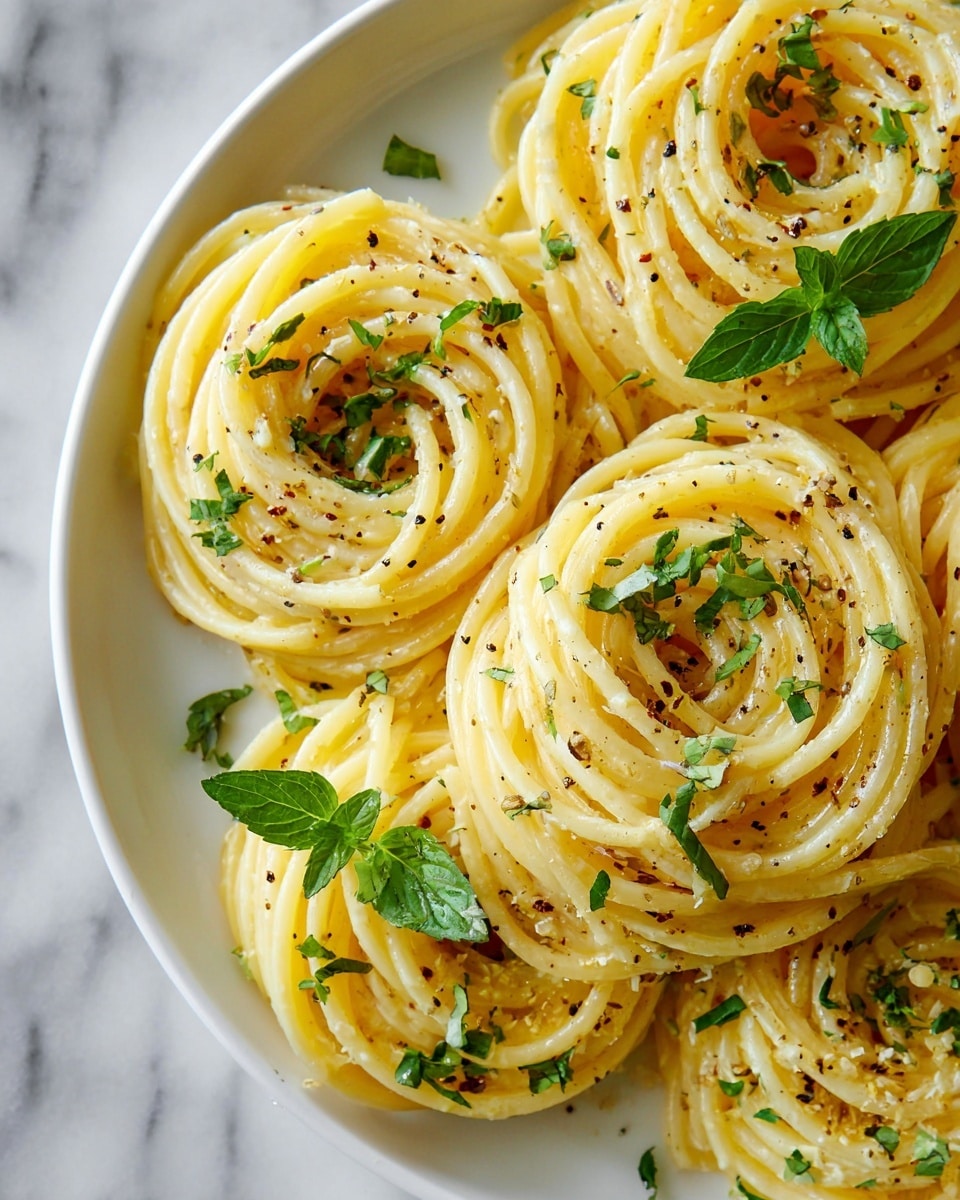 A close-up view of a plate of spaghetti pasta with a creamy light yellow sauce, sprinkled with small green parsley leaves and ground black pepper spread evenly on top. The spaghetti strands are twisted and layered in a slightly messy but inviting way on a clean white plate, all placed on a white marbled surface. The creamy sauce looks smooth and glossy, covering most of the pasta strands. photo taken with an iphone --ar 4:5 --v 7