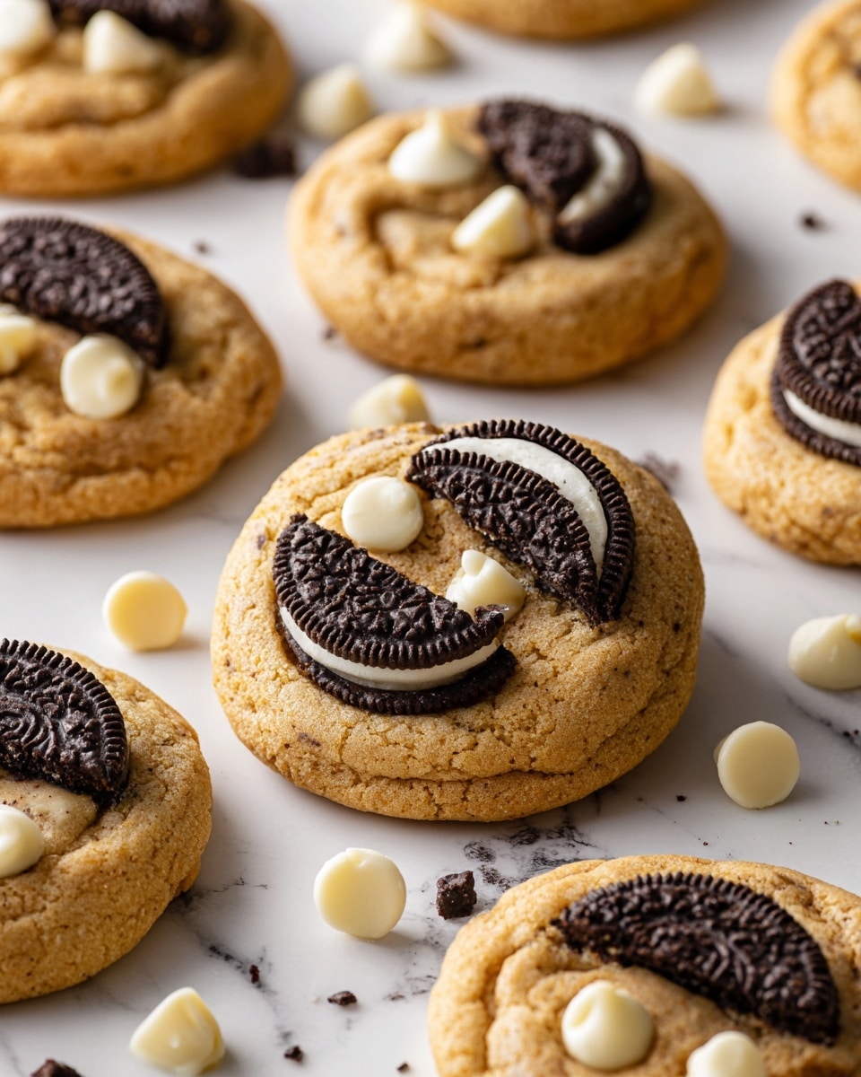 The image shows a close-up of a batch of soft cookies on a white marbled surface. Each cookie has a golden, slightly crispy edge surrounding a chewy center filled with chunks of creamy white chocolate and whole mini black and white sandwich cookies pressed into the dough. The cookies have a textured surface with visible cracks and melting white chocolate pieces, and the mini sandwich cookies add a dark contrast with their detailed patterns. The scene captures the cookies piled slightly on top of each other, highlighting their rich texture and mix of colors. Photo taken with an iphone --ar 4:5 --v 7