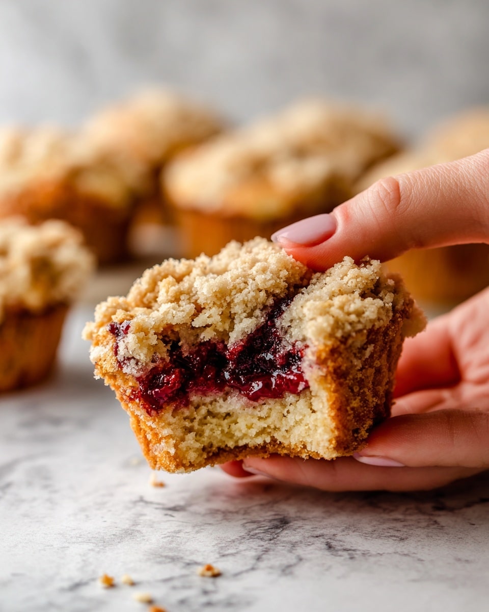 A close-up shows a woman's hand holding a crumbly muffin with a crumb topping and a bright red berry filling inside the center layer. The muffin has three main layers: a golden-brown crumb top with a rough texture, a soft light yellow cake layer underneath, and a glossy, deep red jam-like berry layer in the middle. The background shows more muffins slightly out of focus on a white marbled surface. Photo taken with an iphone --ar 4:5 --v 7