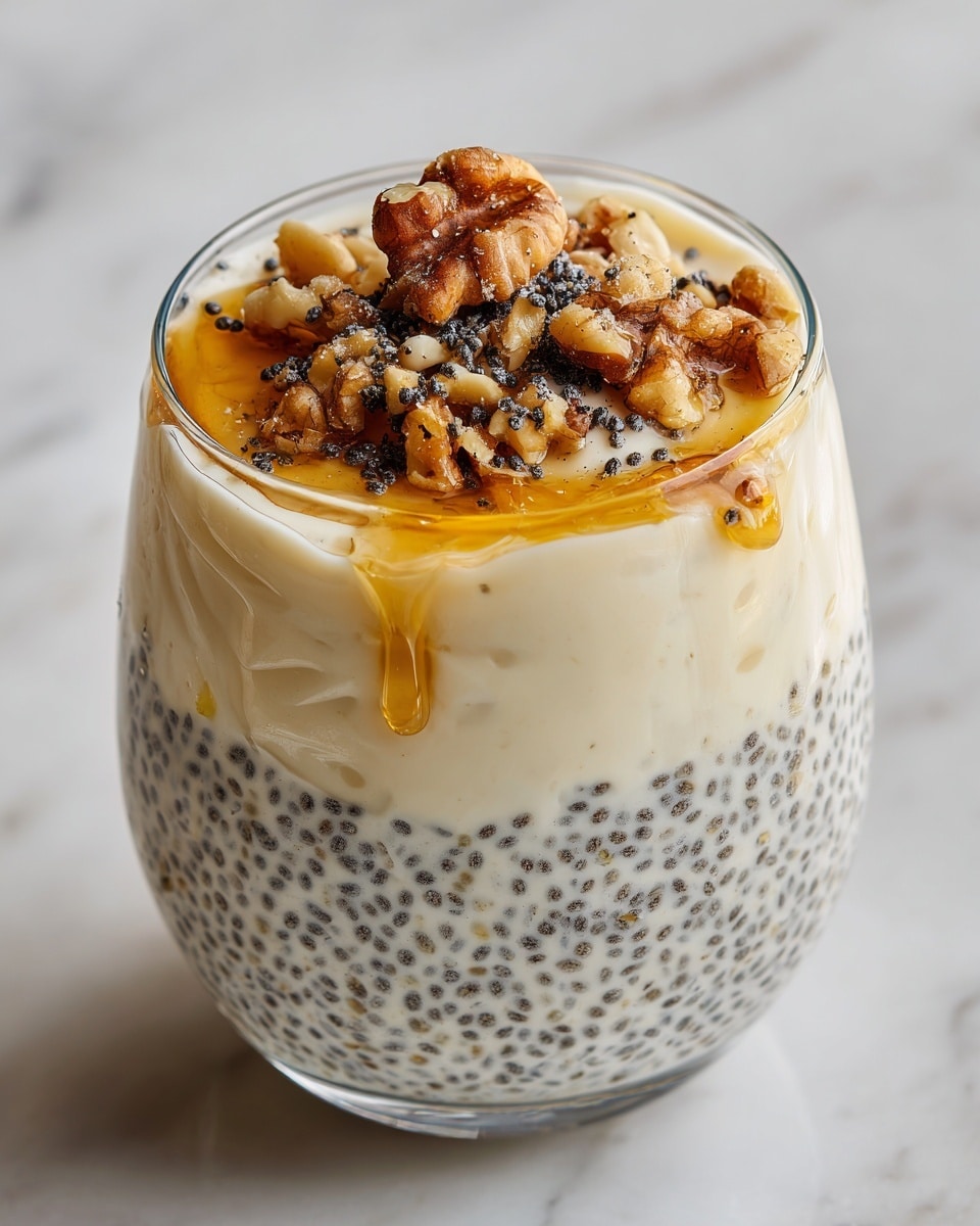This image shows a clear glass filled with a creamy oatmeal mixture that has visible black chia seeds spread evenly throughout. The top layer is thick and covered with scattered chia seeds, small walnut pieces, and drizzled with golden honey, giving it a rich and textured look. The glass is placed on a white marbled surface, and the focus is close-up, highlighting the texture of the oats and the shiny honey on the nuts. photo taken with an iphone --ar 4:5 --v 7