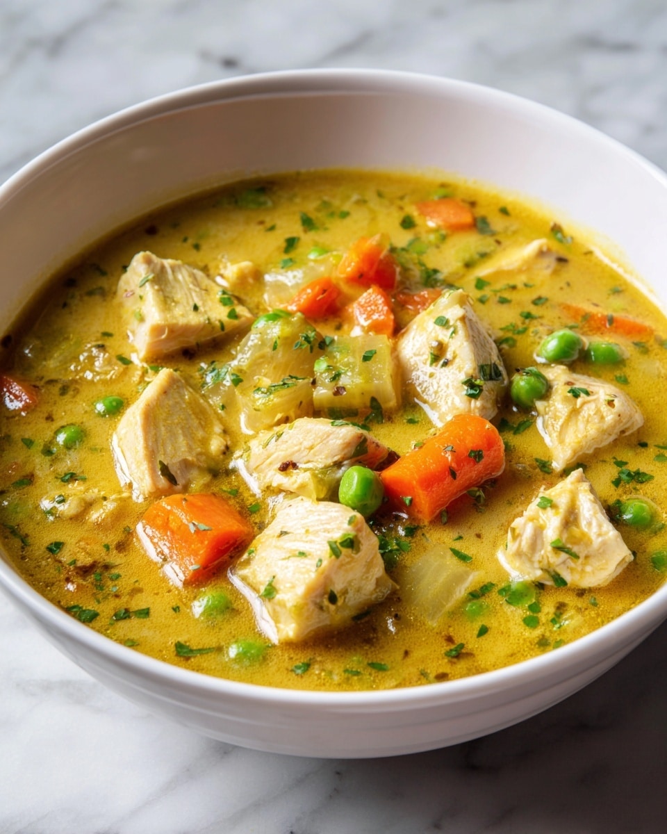 A white bowl is filled with a thick soup that has three main layers: chunky pieces of chicken in pale beige, round slices of orange carrots, and bright green peas, all sitting in a rich yellow broth mixed with herbs and spices. Tiny green parsley pieces are sprinkled on top, adding a fresh touch. The soup looks creamy and hearty with visible bits of seasoning floating in it. The photo is taken with an iphone --ar 4:5 --v 7