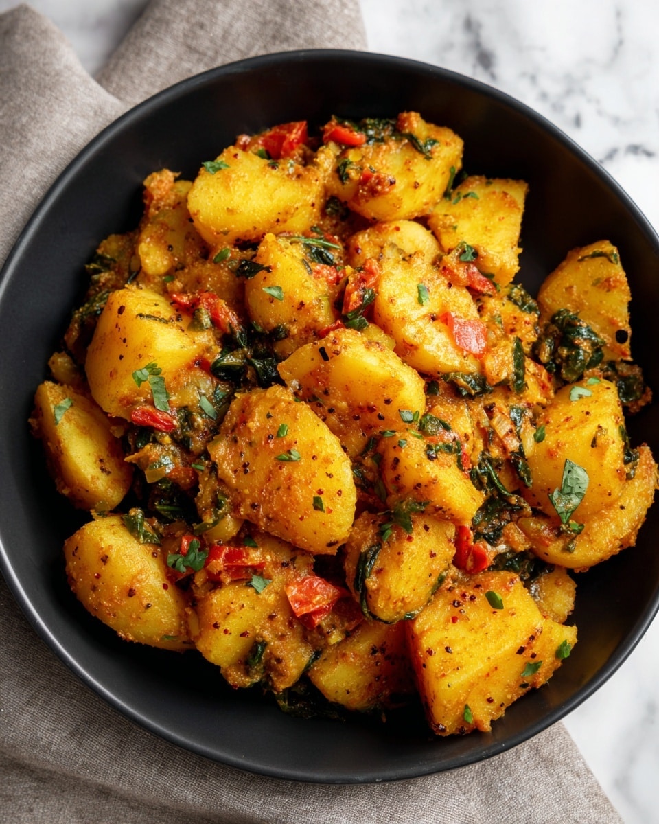 A black pan filled with roughly two layers of golden yellow potato chunks coated in a thick, orange-red tomato-based sauce with visible pieces of tomatoes and green leafy herbs scattered on top and mixed within. The potatoes have a soft texture with some darker spice specks for extra color and seasoning. The pan rests on a light beige cloth, all set against a white marbled background. Photo taken with an iphone --ar 4:5 --v 7