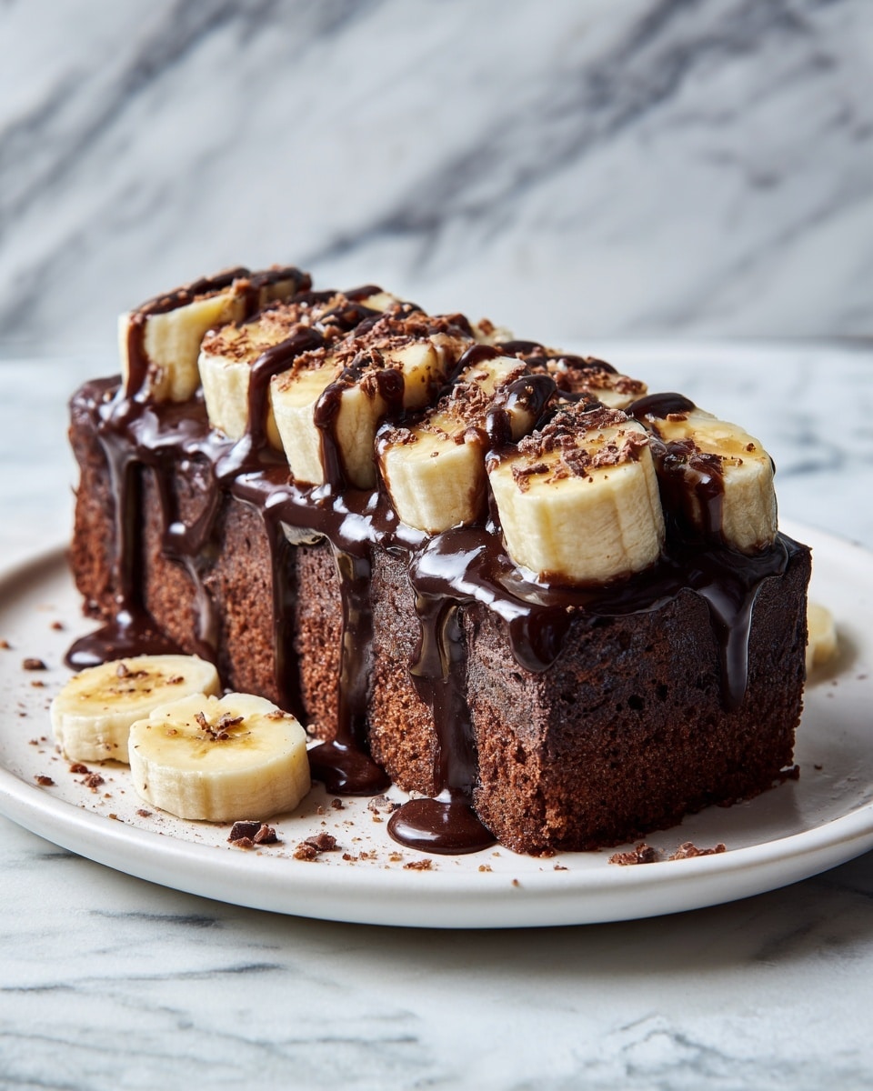 A rectangular chocolate cake loaf with deep dark brown edges and a soft crumb texture fills most of the frame. On top, there are eight thick slices of caramelized bananas laid out in a neat row from one end to the other. The banana slices are golden yellow with caramel brown grill marks and are generously drizzled with glossy dark chocolate sauce that glistens under the light. The loaf sits on a round black wooden board scattered with a few crumbs and banana slices around it. The background is a white marbled surface that softly contrasts with the dark tones of the cake. photo taken with an iphone --ar 4:5 --v 7