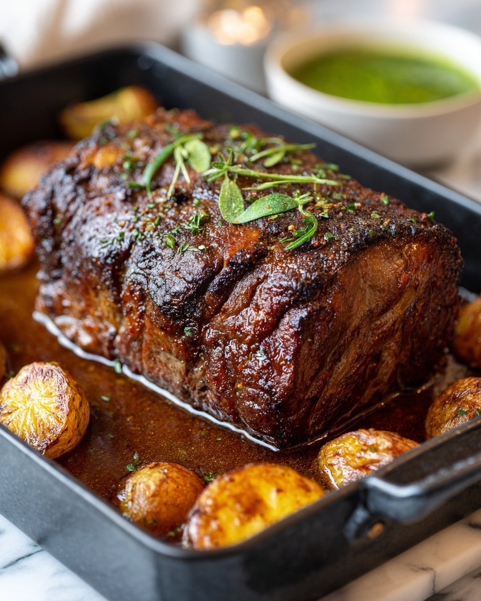 A close-up of a single large roast beef piece with a dark brown, crispy crust and a few green herb leaves sprinkled on top, placed at the center of a black roasting pan filled with thick brown juices. The roast has a light brown inside that looks tender and juicy, and around it are several roasted potato halves with browned, crispy edges. The pan sits on a white marbled surface, and a blurred bowl with a green sauce is visible in the background. photo taken with an iphone --ar 4:5 --v 7