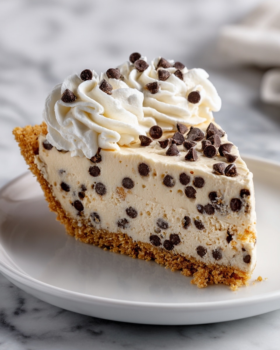 A slice of pie with three layers is shown on a white plate with a white marbled background. The bottom layer is a crumbly golden-brown crust. The middle layer is thick and creamy, light tan in color, filled with many dark brown chocolate chips scattered throughout. The top layer is a swirl of white whipped cream, decorated with several dark chocolate chips placed on top. The pie slice looks rich and smooth with a textured crust. Photo taken with an iphone --ar 4:5 --v 7