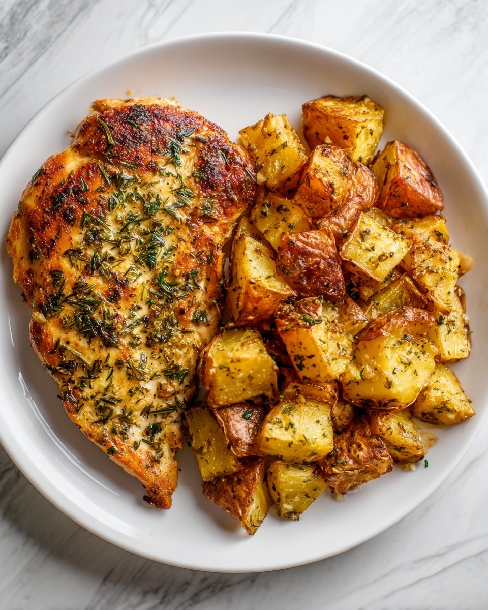 The image shows a white plate with a grilled chicken breast in the front center, covered in a mix of herbs and spices giving it a slightly charred and textured look. Behind the chicken, there are golden-brown roasted potato chunks sprinkled with herbs, arranged closely together with some pieces leaning against the chicken. The plate sits on a white marbled surface. The lighting highlights the juicy texture of the chicken and the crispy edges of the potatoes. Photo taken with an iphone --ar 4:5 --v 7