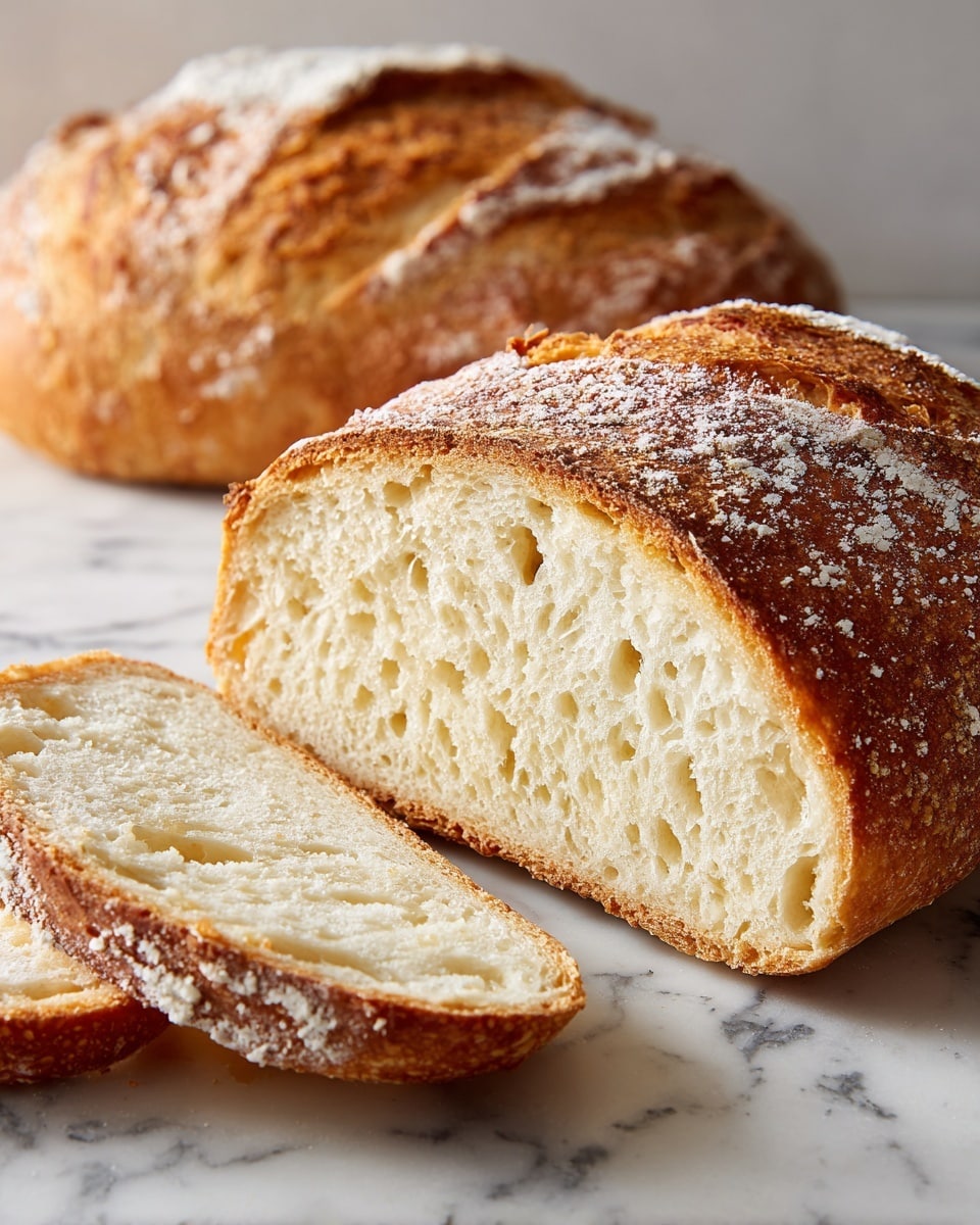 The image shows a close-up of a sliced loaf of bread resting on a white marbled surface. The bread has a golden-brown crust with a light dusting of flour on top, and the inside is soft and airy with small holes throughout. The loaf is partially sliced, with a few thick slices lying flat beside it, showing the textured crumb. Natural light softly highlights the crust and the texture inside the bread, making it look fresh and warm. Photo taken with an iphone --ar 4:5 --v 7