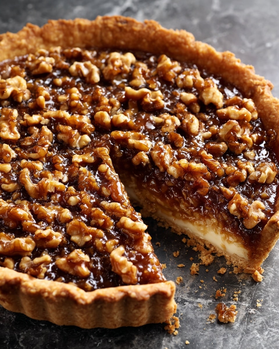 The image shows a close-up of a round tart with a golden brown crust and a thick layer of caramelized walnuts on top, glistening with a sticky glaze. One slice is cut and slightly removed, revealing a smooth, light-colored filling beneath the nut topping, resting on a white marbled surface. Photo taken with an iphone --ar 4:5 --v 7
