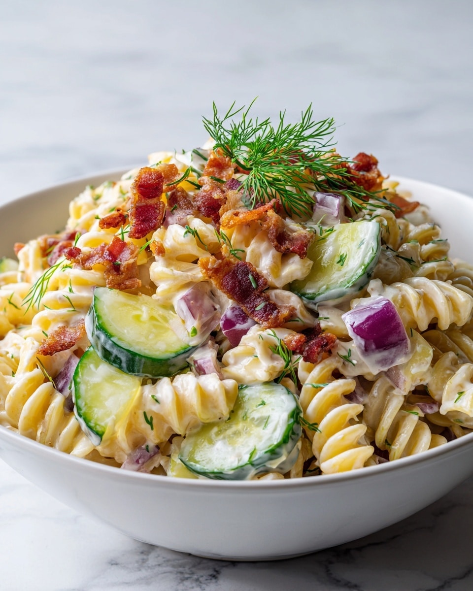 A close-up view of a bowl filled with creamy rotini pasta salad. The pasta is pale yellow with a smooth, creamy texture. Mixed throughout are thin slices of green cucumber with a shiny surface, small pieces of crispy reddish-brown bacon, and bits of light purple onion. On top, there is a sprig of fresh green dill adding color and texture. The bowl is white, and the dish sits on a white marbled surface. photo taken with an iphone --ar 4:5 --v 7