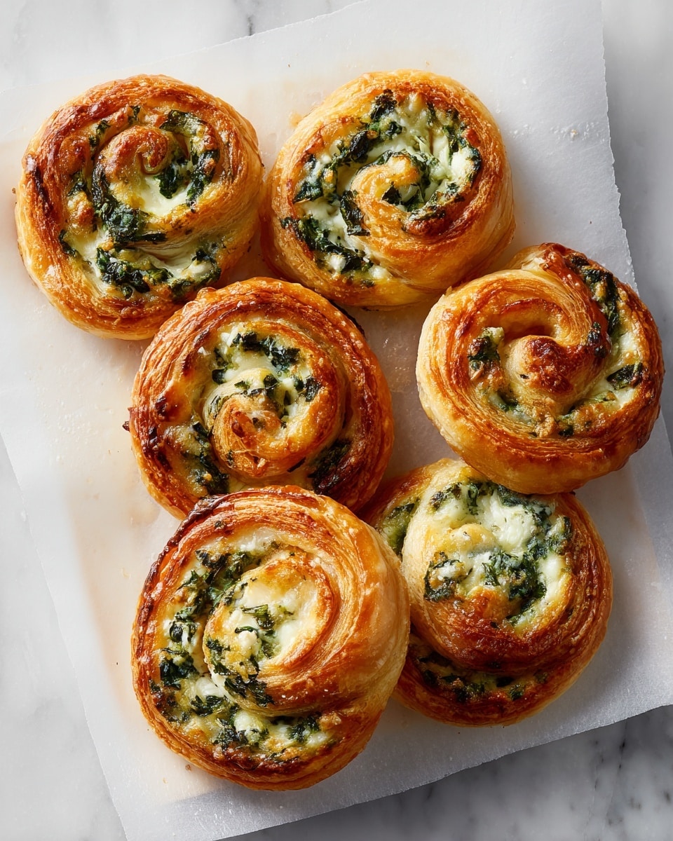 The image shows six golden brown, round puff pastry swirls on white parchment paper, each swirl revealing multiple layers of flaky, crispy dough. The inside layers have a green and white filling that looks creamy and soft, possibly spinach and cheese, spread evenly within the rolls. The pastry edges are puffed up and slightly browned, giving a crunchy texture, while the filling looks moist and smooth. The white parchment paper rests on a white marbled surface, highlighting the warm tones of the pastries. photo taken with an iphone --ar 4:5 --v 7