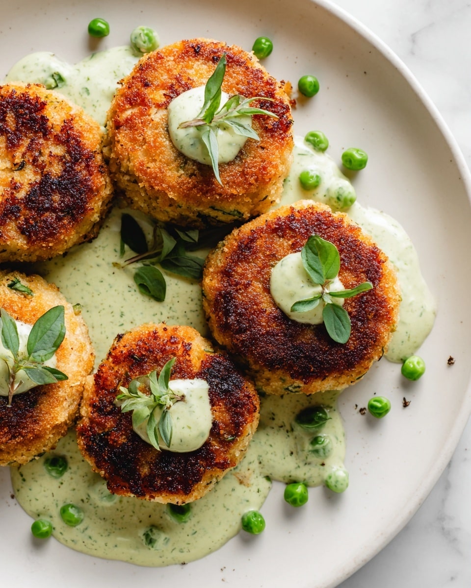 The image shows four golden brown salmon patties with a crispy texture, arranged close together on a white plate. Each patty has small bits of green herbs mixed in and is topped with a small dollop of creamy white sauce, garnished with thinly sliced green onions. The plate sits on a white marbled surface, giving a clean and fresh look. The overall lighting highlights the warm, crisp edges and the soft creamy topping. photo taken with an iphone --ar 4:5 --v 7