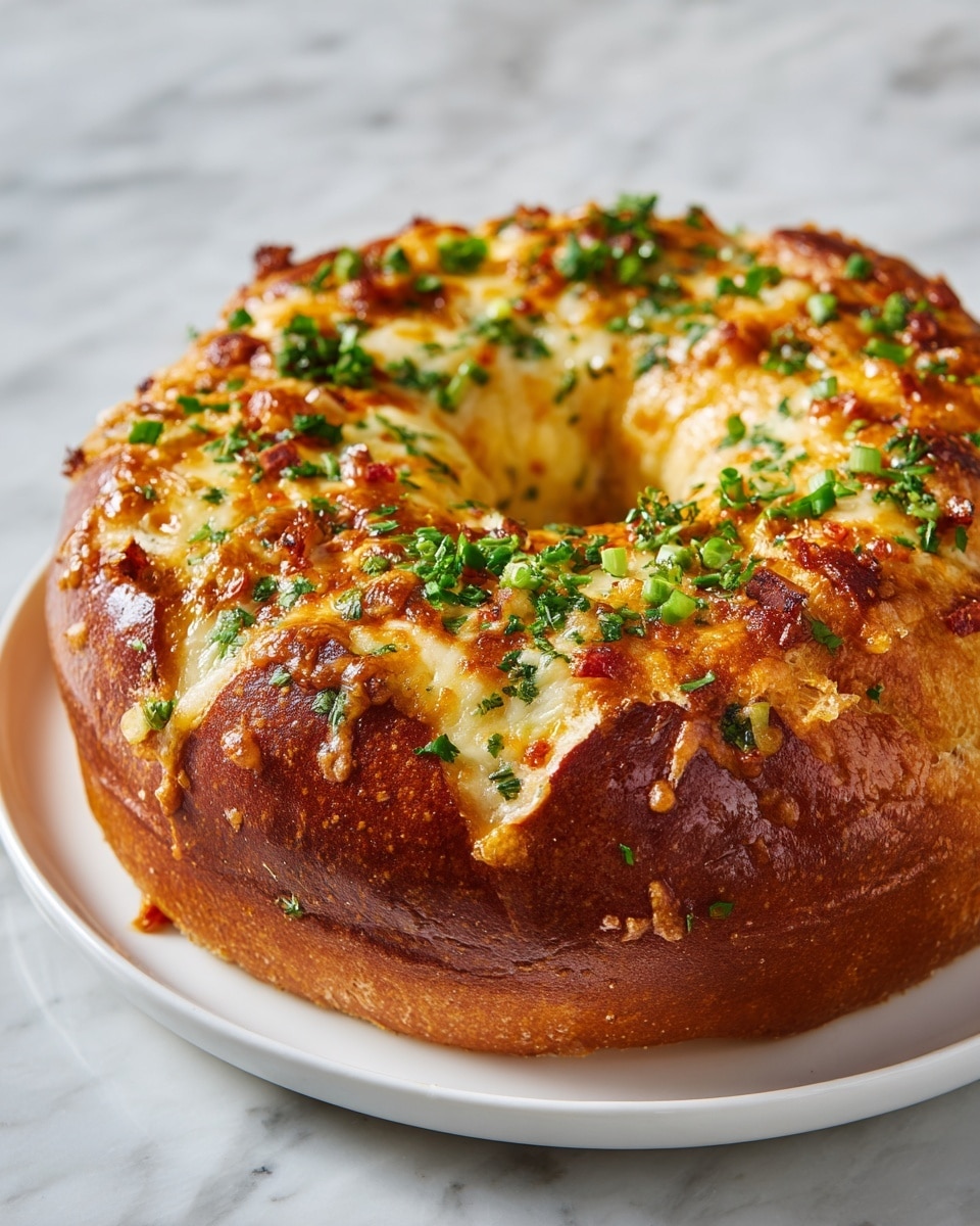 A round, golden brown bread ring with a soft and slightly shiny crust sits on a white plate. The bread is topped with melted cheese, small pieces of red and green vegetables scattered evenly across the top, adding bright color spots. The bread has a thick, fluffy texture with some green herbs sprinkled on top for garnish. The white plate rests on a white marbled surface, and the lighting highlights the bread's warm, inviting colors. Photo taken with an iphone --ar 4:5 --v 7