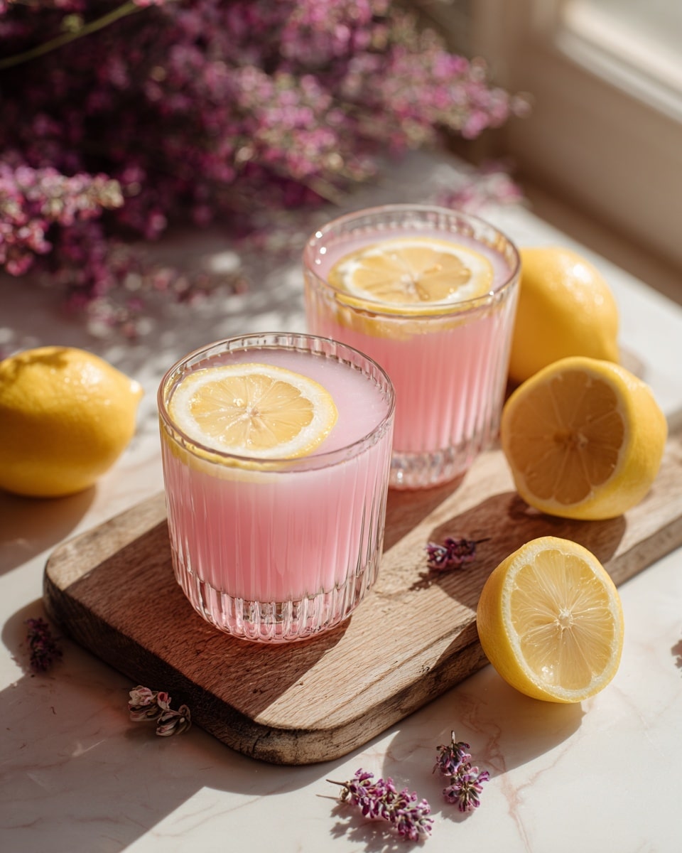 Two clear glass cups filled with a bright pink drink sitting on a light brown wooden table with a few small purple flowers scattered around. Each drink has a thin slice of lemon placed on the rim, with a few ice cubes floating inside. Behind the cups, three whole yellow lemons rest on the table. The light coming through a window creates a soft, natural glow on the scene. The background is a white marbled texture. Photo taken with an iphone --ar 4:5 --v 7