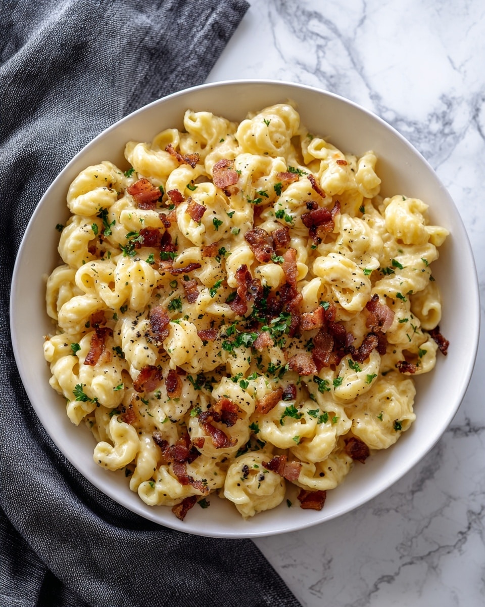 A close-up of a black bowl filled with creamy pasta made of spiral-shaped noodles covered in a thick white sauce. Mixed throughout the pasta are small, browned cubes of crispy bacon, adding a reddish-brown contrast. The dish is sprinkled with chopped green herbs and black pepper, giving spots of green and dark specks on top. The bowl sits on a gray textured cloth, placed over a white marbled surface. photo taken with an iphone --ar 4:5 --v 7