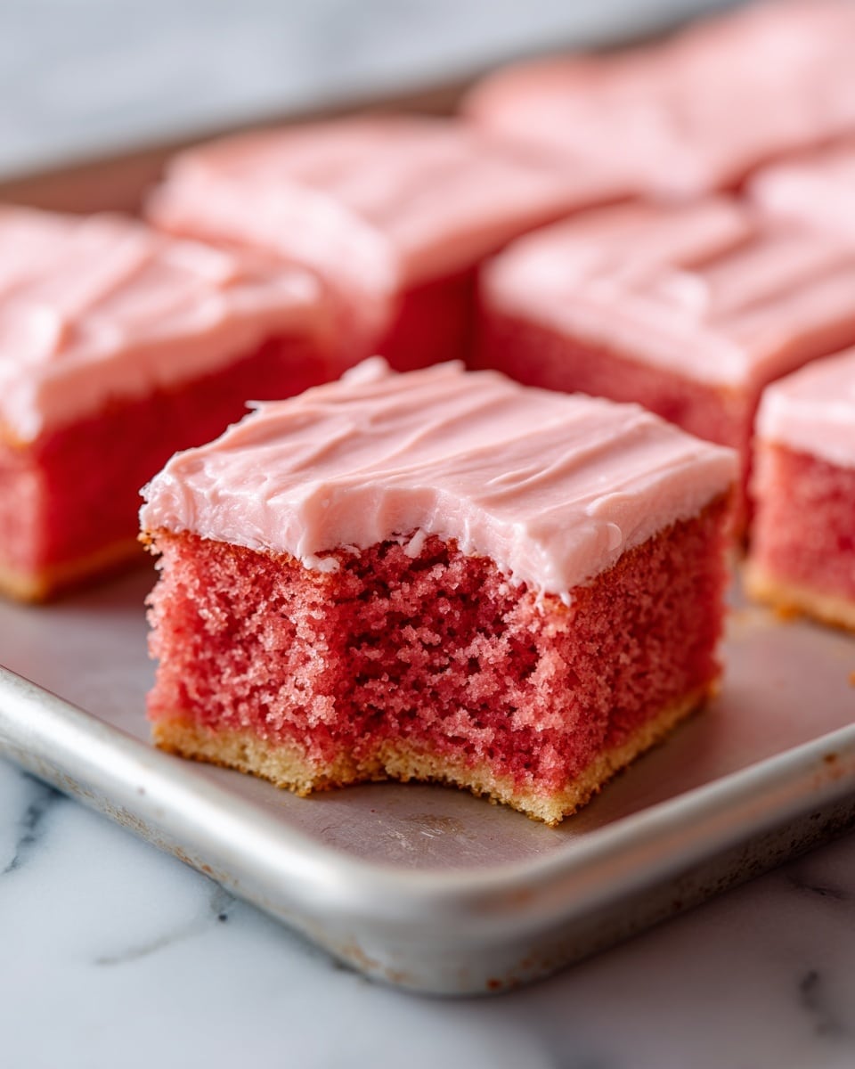 A close-up of a rectangular white metal baking pan filled with strawberry Texas sheet cake cut into square pieces, each piece showing two layers: a thick, moist red cake base and a smooth, light pink frosting spread evenly on top with subtle swirling texture, one piece is slightly lifted and separated from the rest, sitting on the pan's surface with crumbs around it; the pan rests on a white marbled textured surface. Photo taken with an iphone --ar 4:5 --v 7