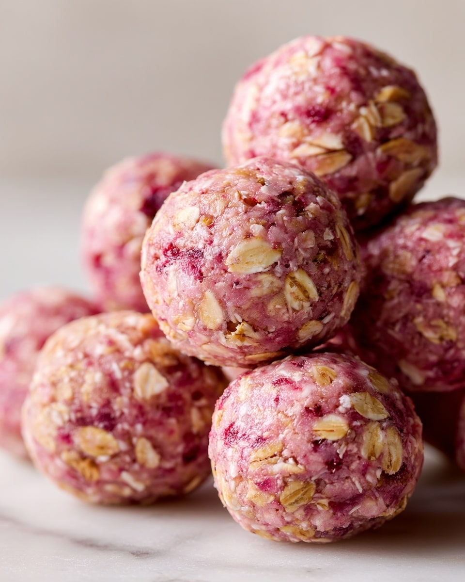 The image shows several round energy balls stacked together, each with a light pink color mixed with visible bits of oats and small pieces of nuts. The texture looks soft and slightly sticky, with the oats giving a rough appearance on the surface of each ball. The balls are arranged closely on a white marbled surface, making their pink and beige tones stand out. photo taken with an iphone --ar 4:5 --v 7