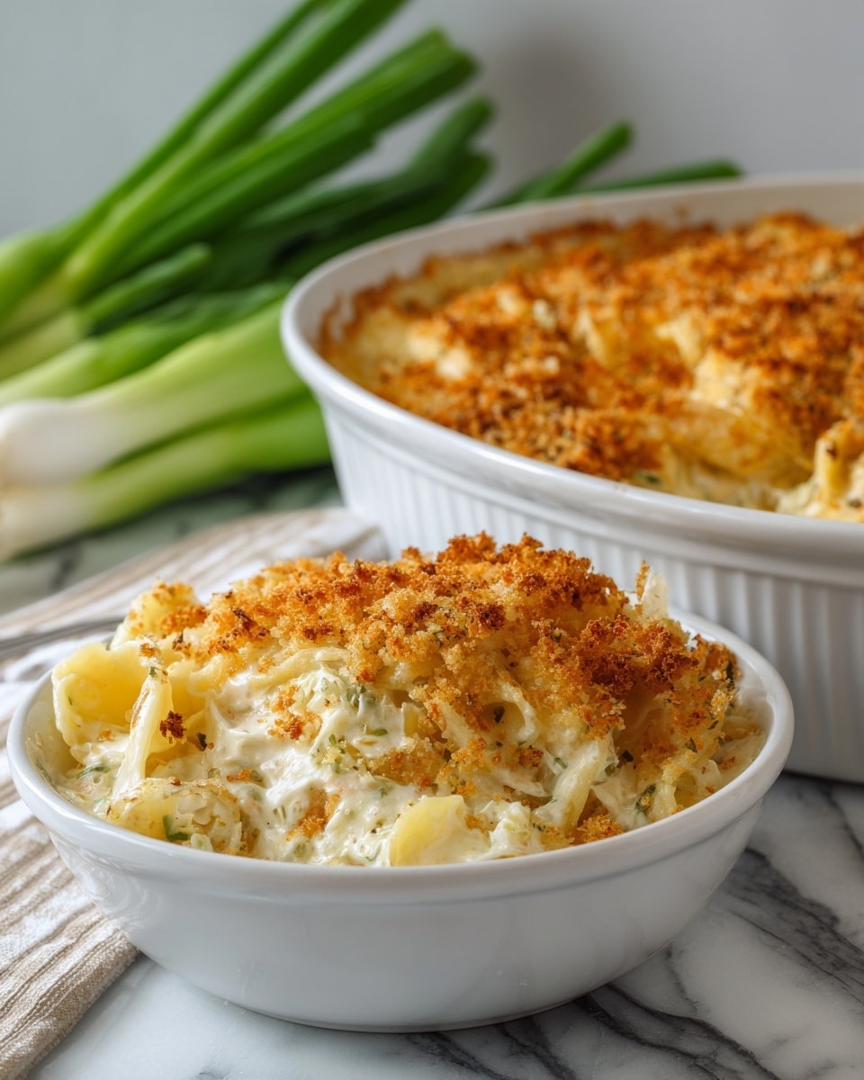 The image shows a white round casserole dish filled with a creamy layered crab Rangoon casserole topped with a golden-brown crispy breadcrumb crust. The casserole has visible layers with creamy white sauce mixed with bits of crab and light yellow noodles underneath the browned, textured topping. Beside the casserole, there is a white bowl with a serving of the same casserole showing the layered pasta and creamy crab mixture with the golden crust on top. The background is a white marbled surface with a bunch of fresh green onions beside the bowls. Photo taken with an iphone --ar 4:5 --v 7