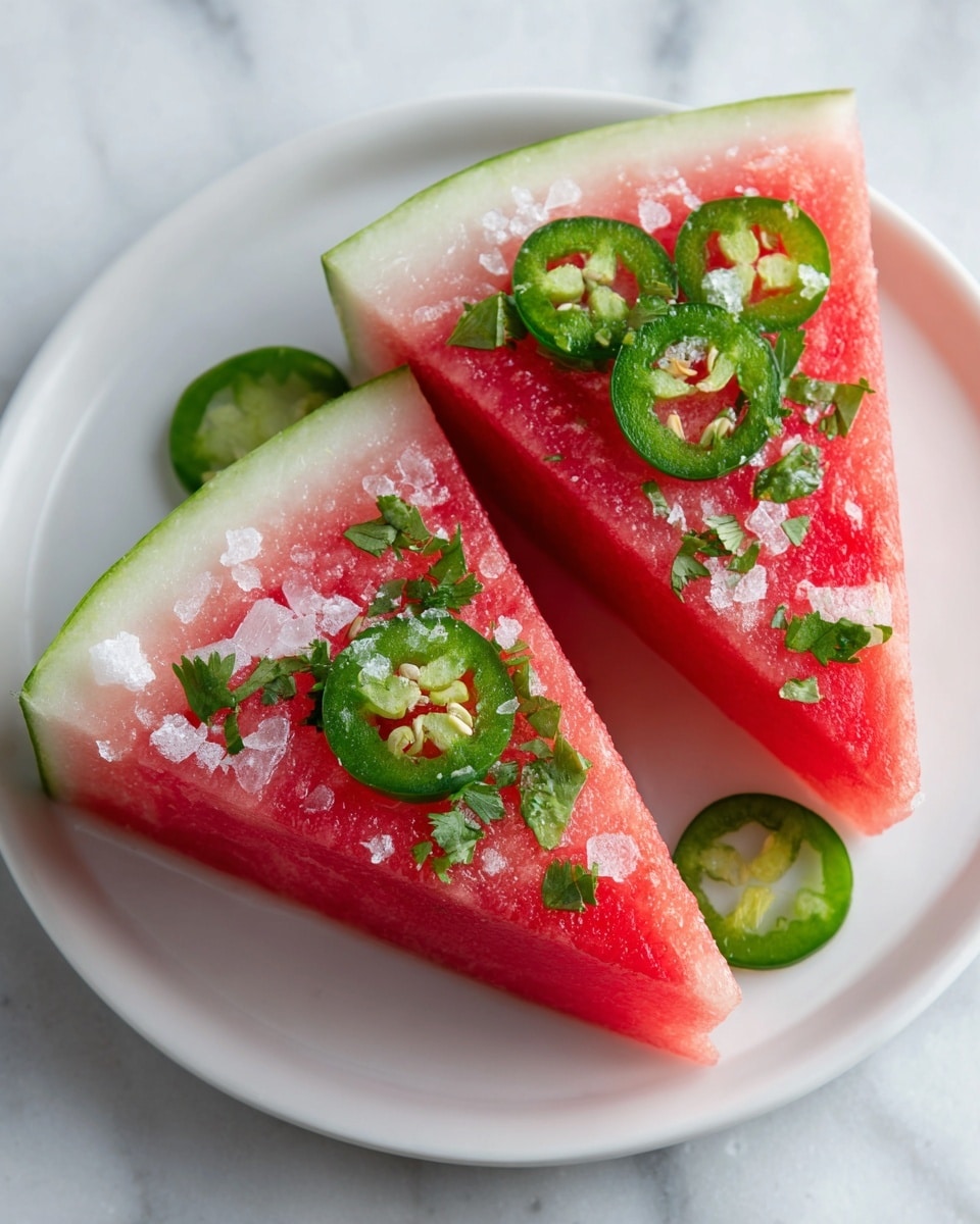 The image shows a close-up of two triangular watermelon slices placed on a white plate, which is set on a white marbled texture surface. Each watermelon slice has a green rind at the bottom, a thick pink middle layer of juicy fruit, and is topped with small pieces of green cilantro leaves, thin slices of jalapeño, and coarse salt crystals scattered over the bright pink flesh. The contrast between the pink, green, and white colors creates a fresh and vibrant look. Photo taken with an iphone --ar 4:5 --v 7